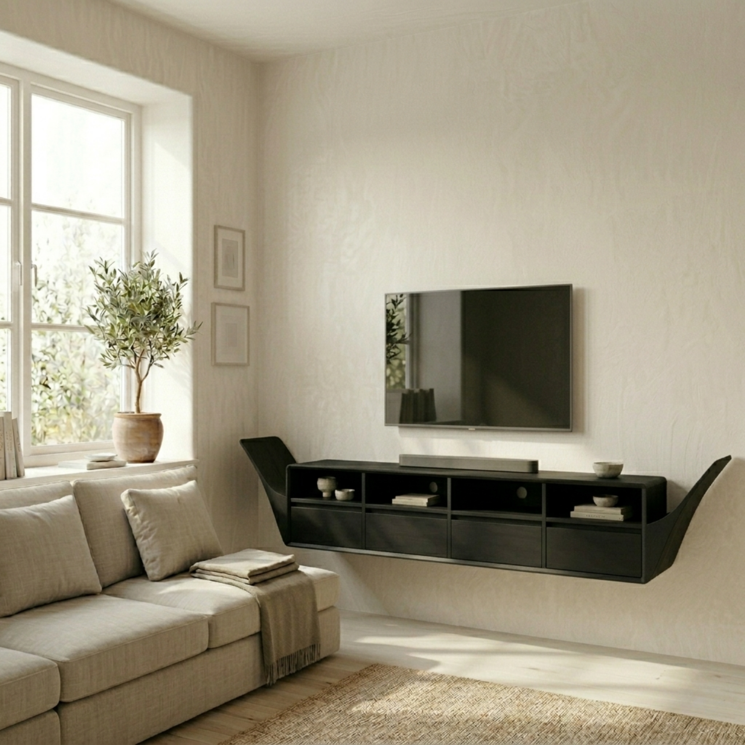 Floating Solid Wood TV Stand with Open Shelves and Drawers – Wall Mounted Media Console