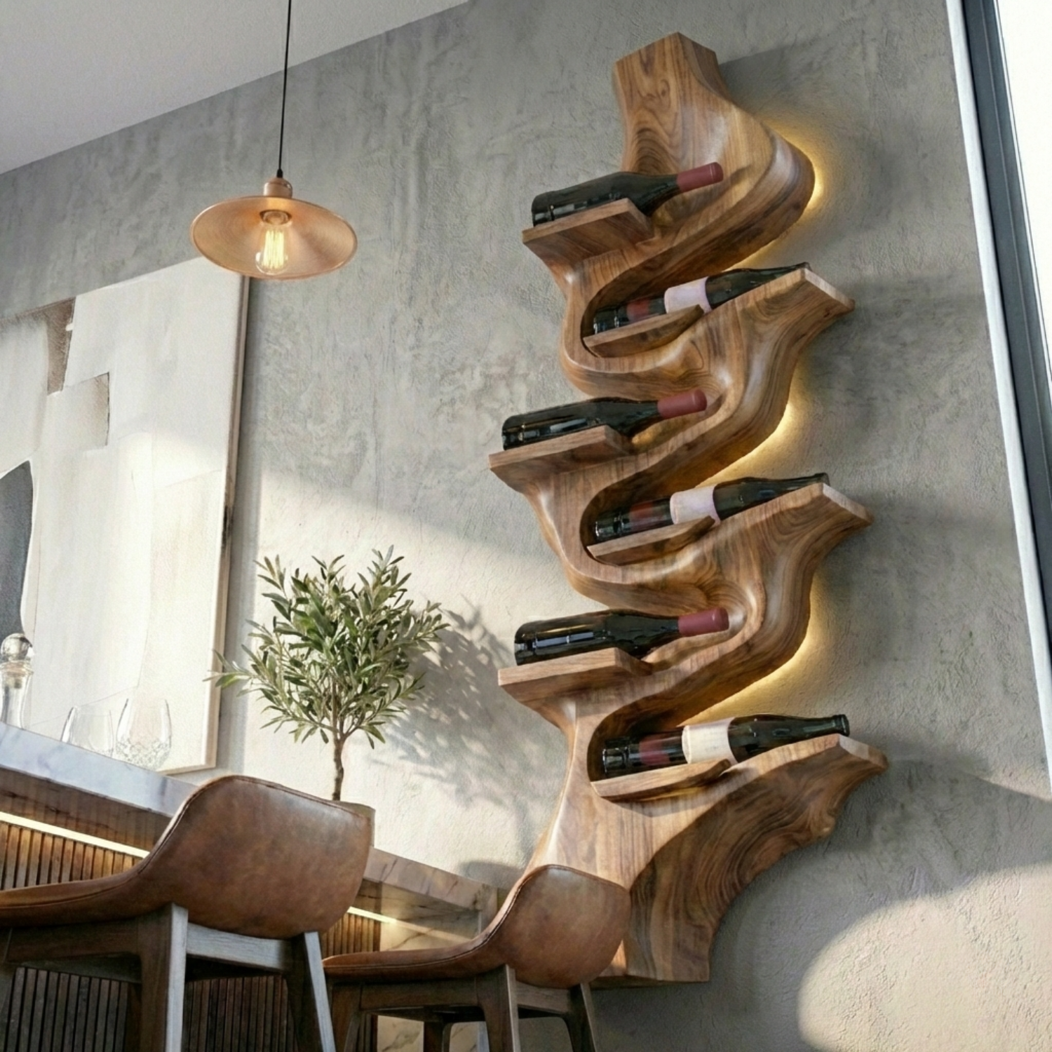 Handcrafted Solid Wood Vertical Wine Holder – Sculptural Wall Mounted Wine Rack