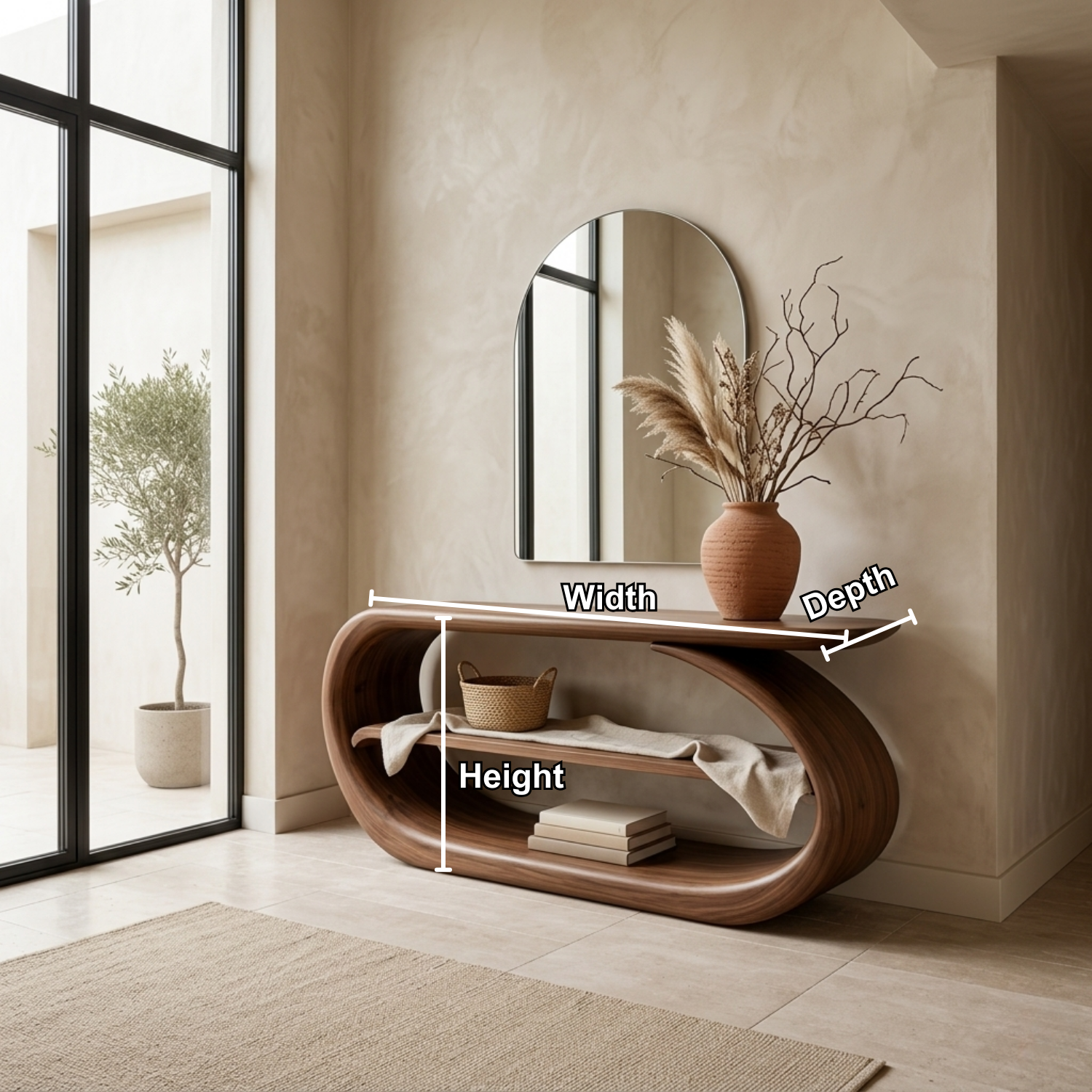 Sculptural Solid Wood Console Table with Curved Base and Shelf – Modern Entryway Table