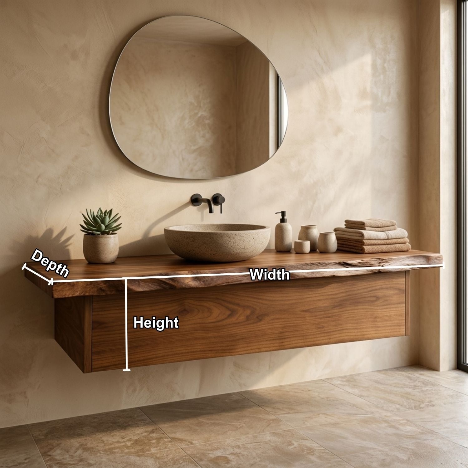 Floating Bathroom Vanity with Live Edge Wood Countertop and Minimalist Cabinet