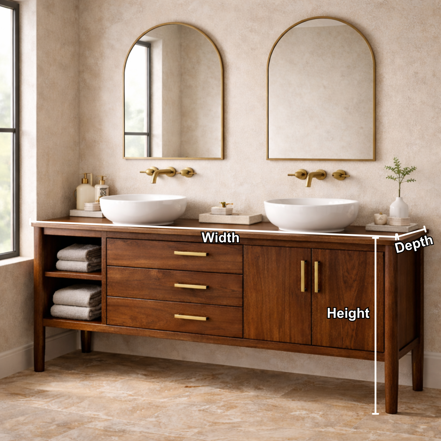Solid Wood Bathroom Vanity with Open Shelf, Three Drawers and Double Door Cabinet