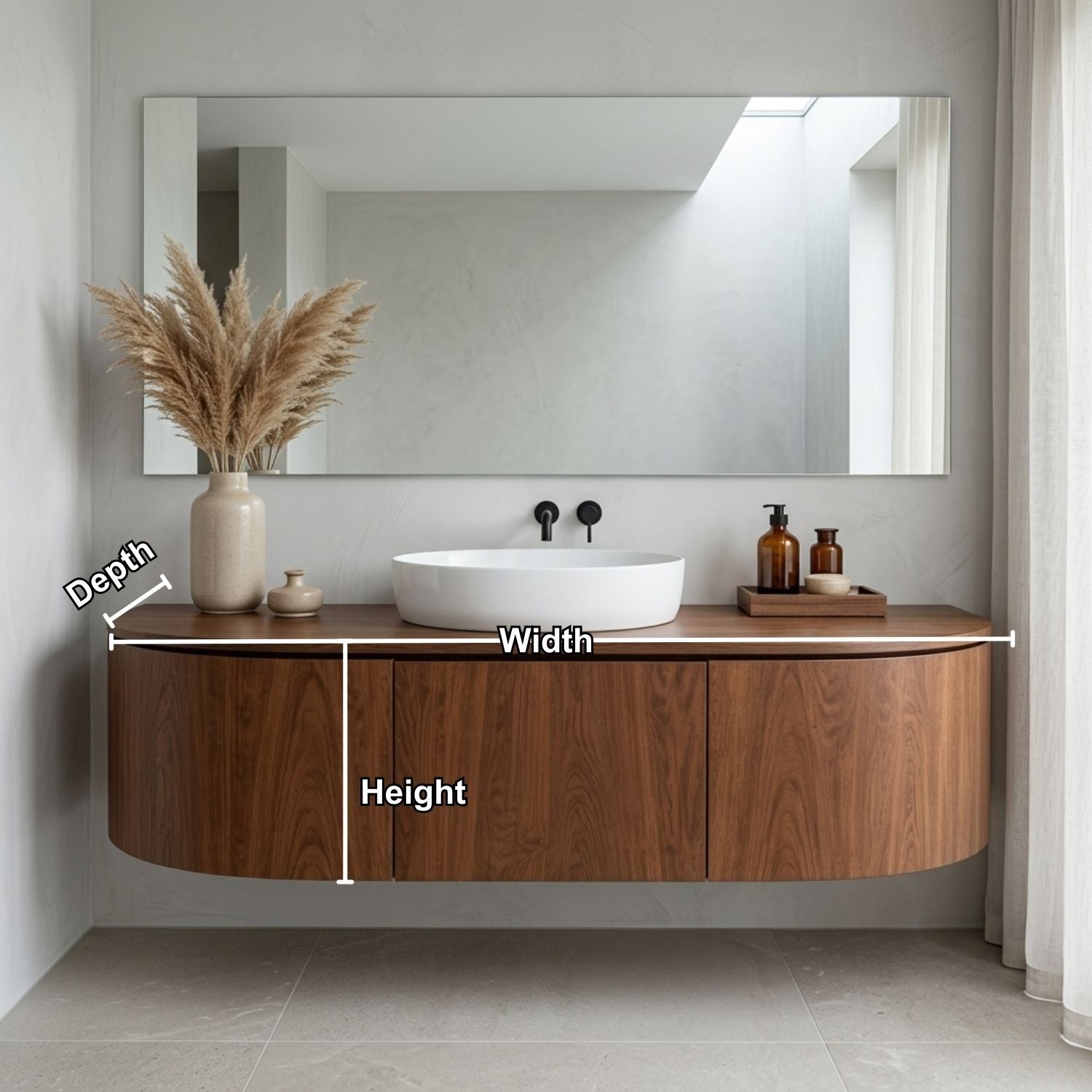 Curved Edge Floating Bathroom Vanity with Rounded Side Cabinets and Hidden Storage