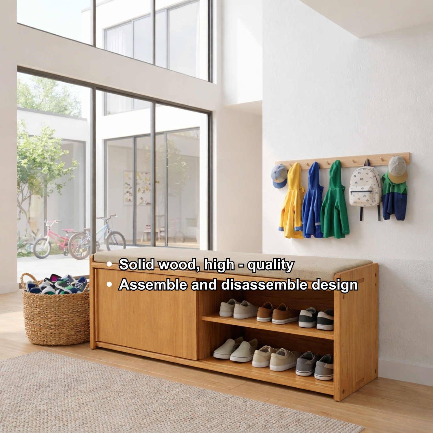Solid Wood Shoe Storage Bench with Sliding Door & Open Shelf – Entryway Shoe Bench