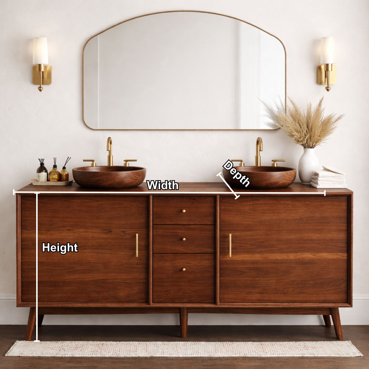 Solid Wood Bathroom Vanity with Mid Century Legs, Center Drawers and Double Cabinet Doors