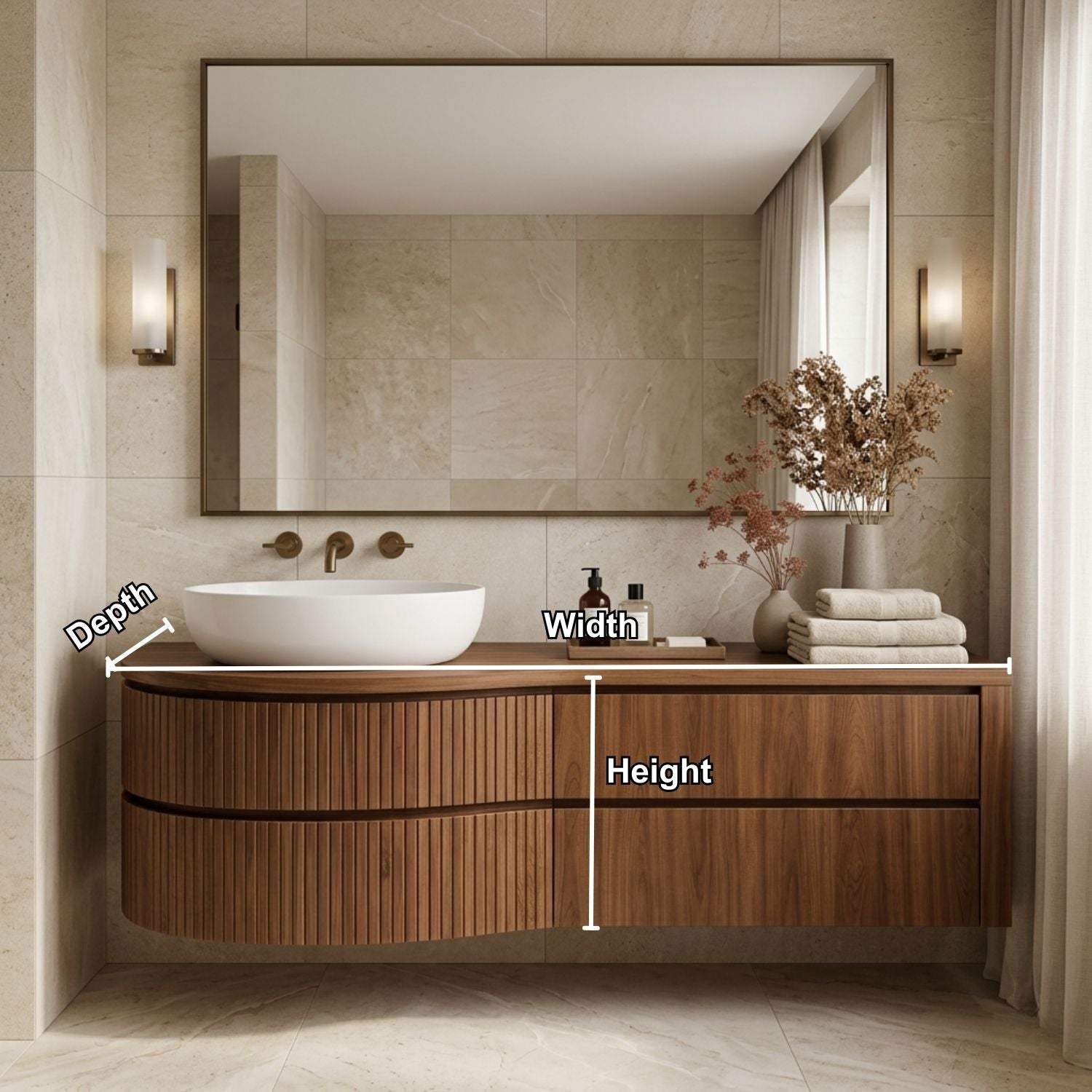 Curved Floating Bathroom Vanity with Fluted Wood Panels and Drawer Storage
