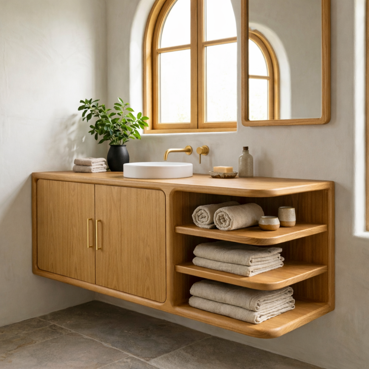 Floating Solid Wood Bathroom Vanity with Rounded Frame, Cabinet Doors and Open Shelving