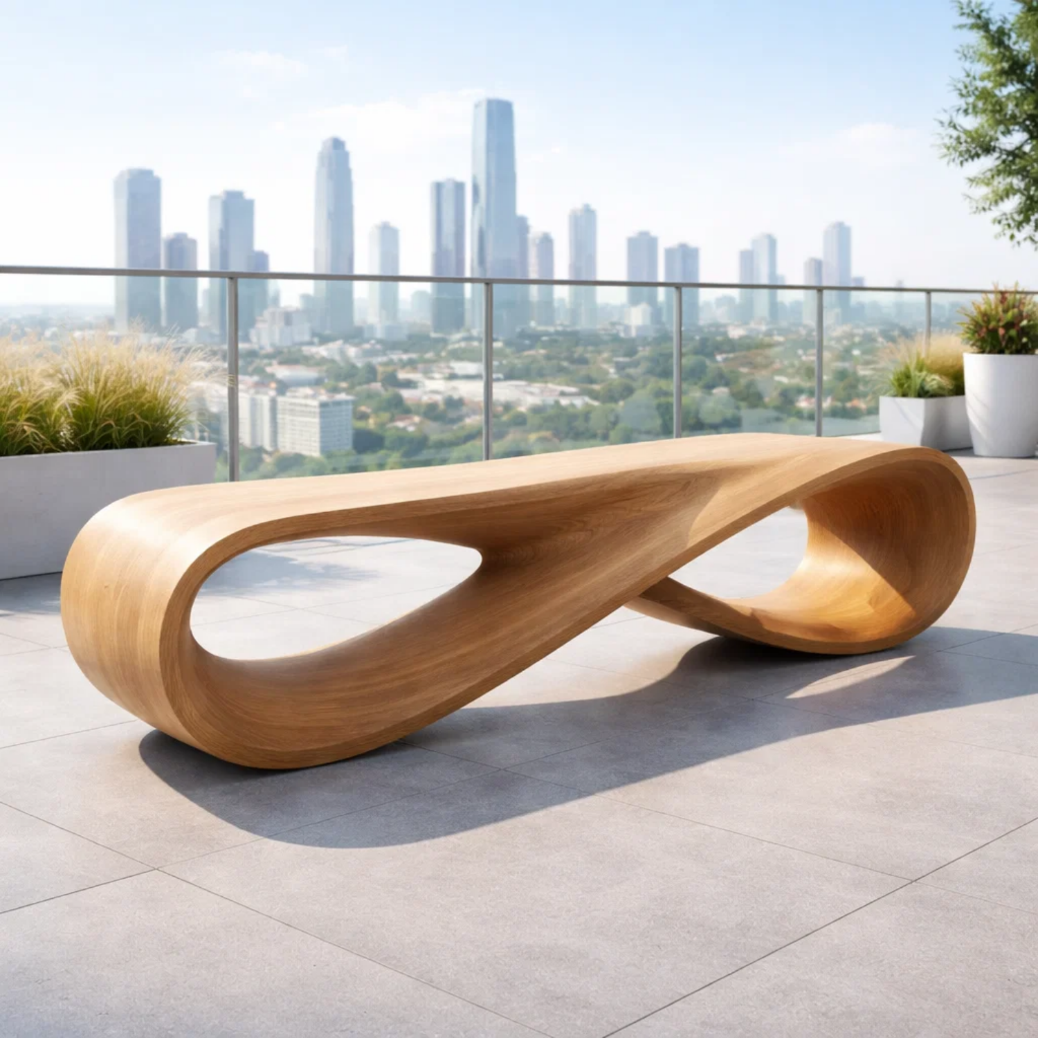 Handcrafted Solid Wood Outdoor Bench – Modern Loop Sculptural Patio Seating