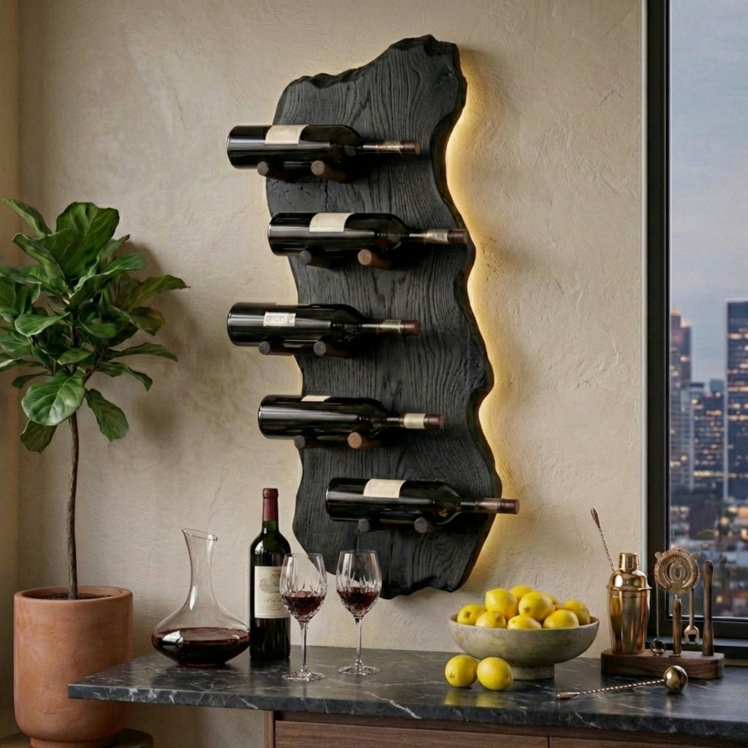 Solid Wood Live Edge Wall Wine Holder – Vertical Sculptural Wine Rack