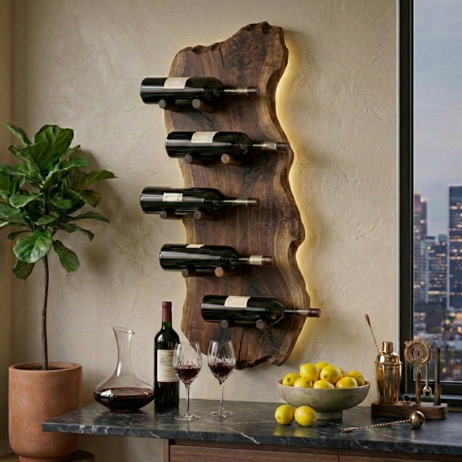 Solid Wood Live Edge Wall Wine Holder – Vertical Sculptural Wine Rack