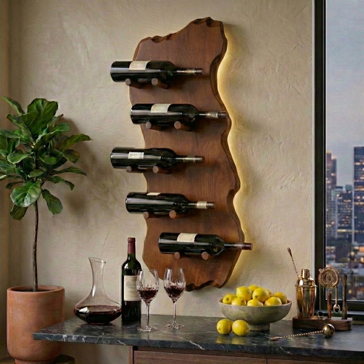 Solid Wood Live Edge Wall Wine Holder – Vertical Sculptural Wine Rack