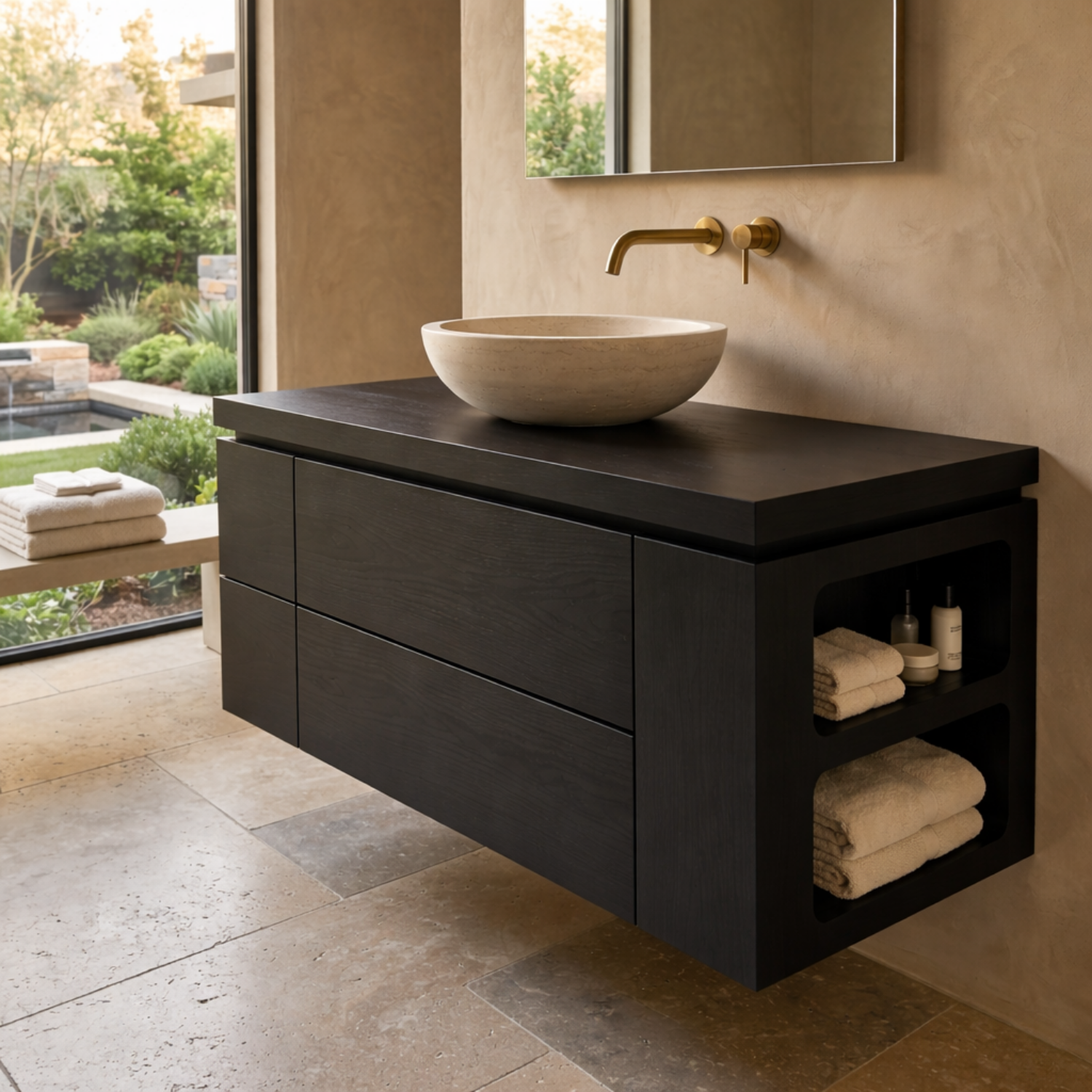 Floating Solid Wood Bathroom Vanity with Double Drawers and Integrated Side Open Shelves