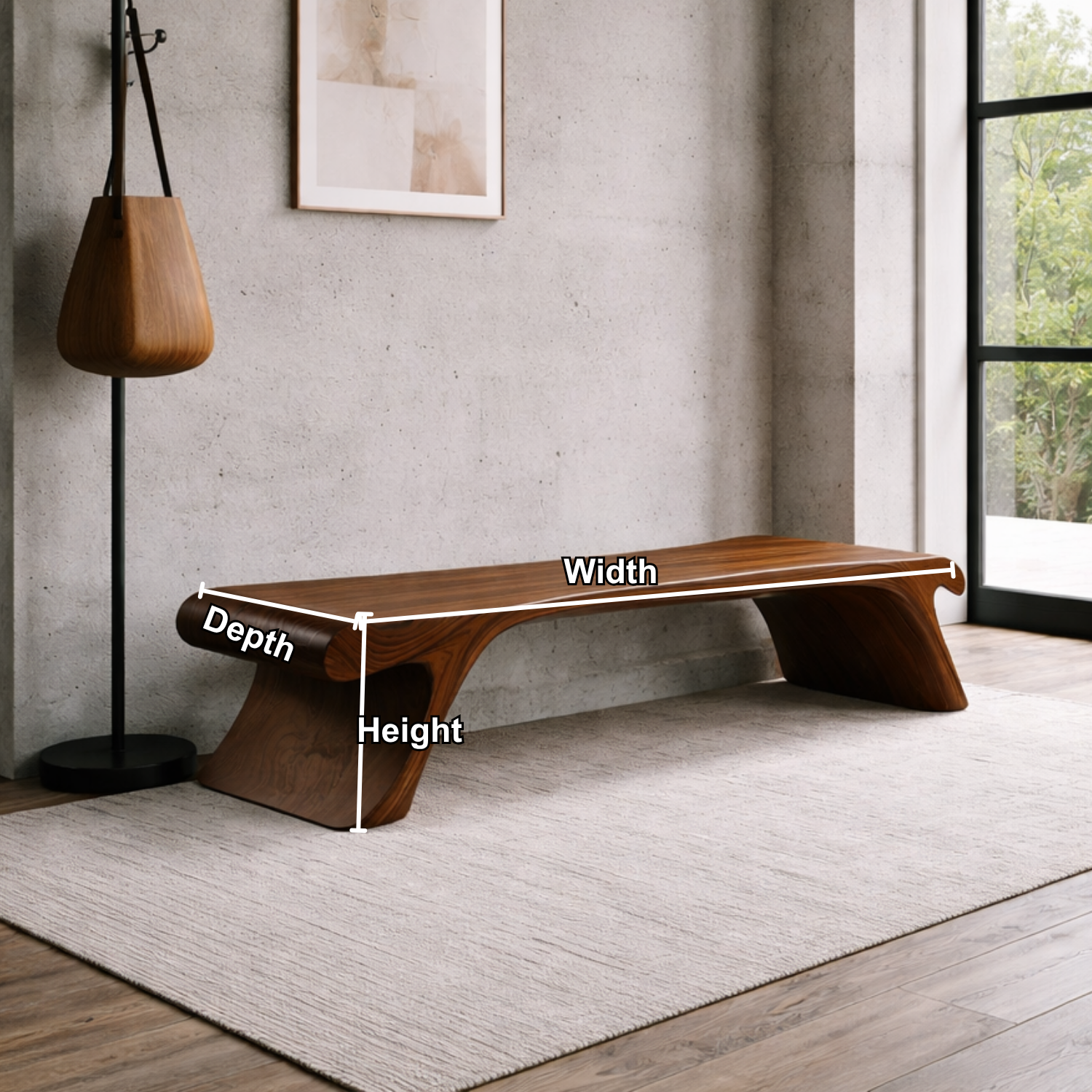 Solid Wood Entryway Bench Low Profile Sculptural Design Modern Minimalist Seating