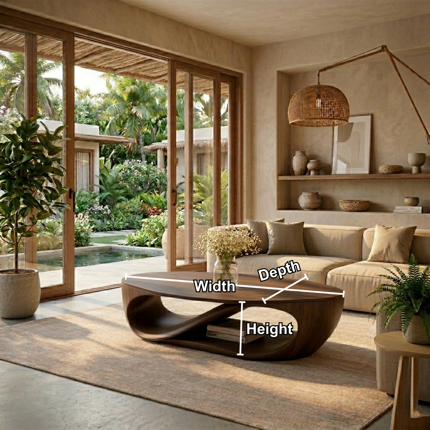 Sculptural Solid Wood Coffee Table with Open Shelf – Modern Organic Living Room Table