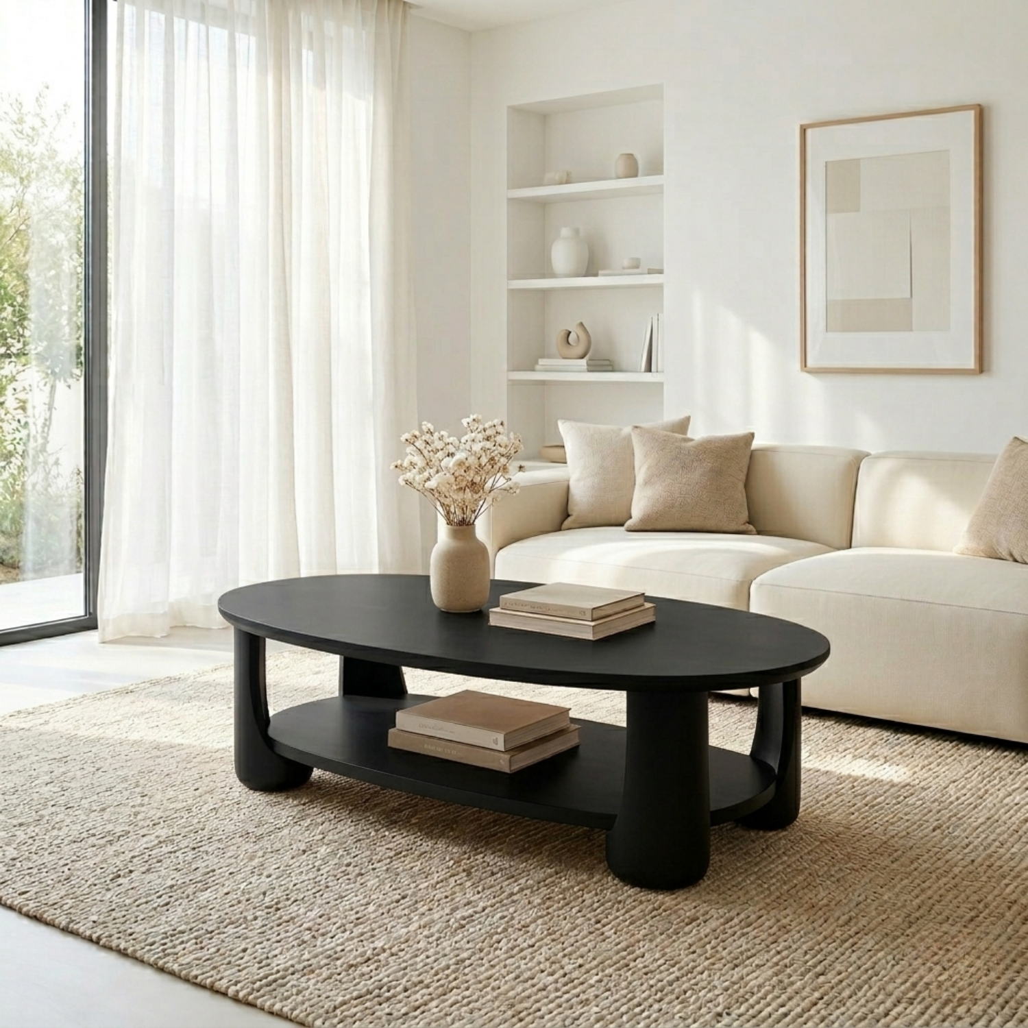 Solid Wood Oval Coffee Table with Shelf – Modern Minimalist Living Room Table