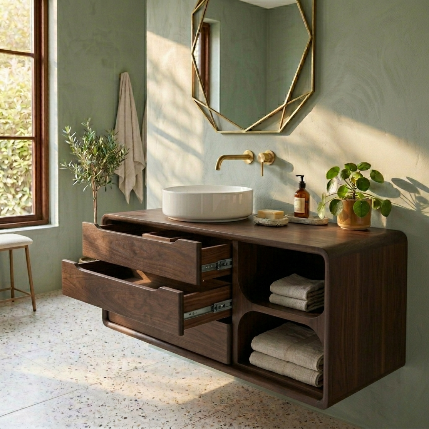 Floating Solid Wood Bathroom Vanity with Rounded Frame, Three Drawers and Side Open Shelf