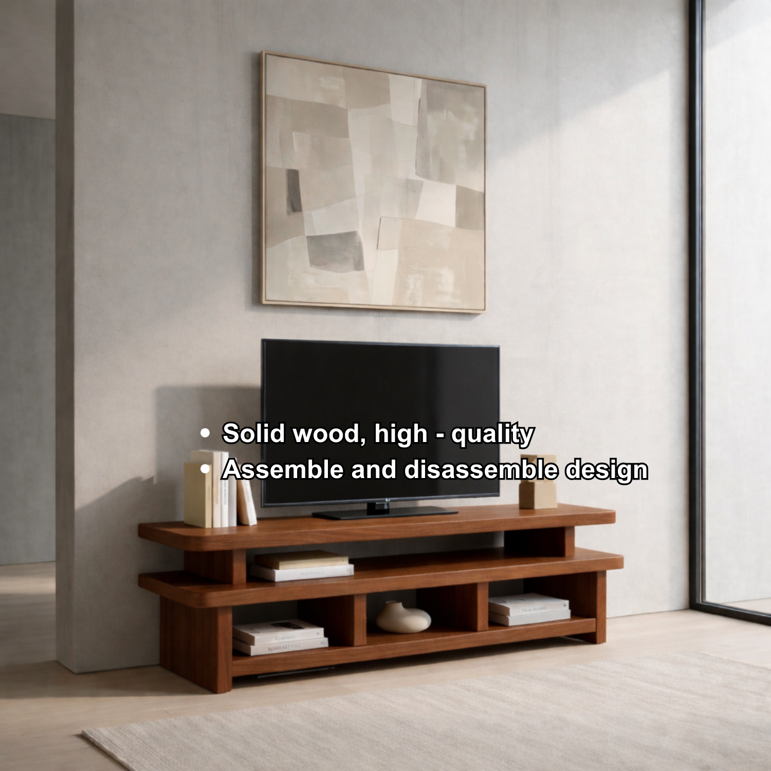 Solid Wood TV Stand with Open Shelves – Modern Low Profile Media Console