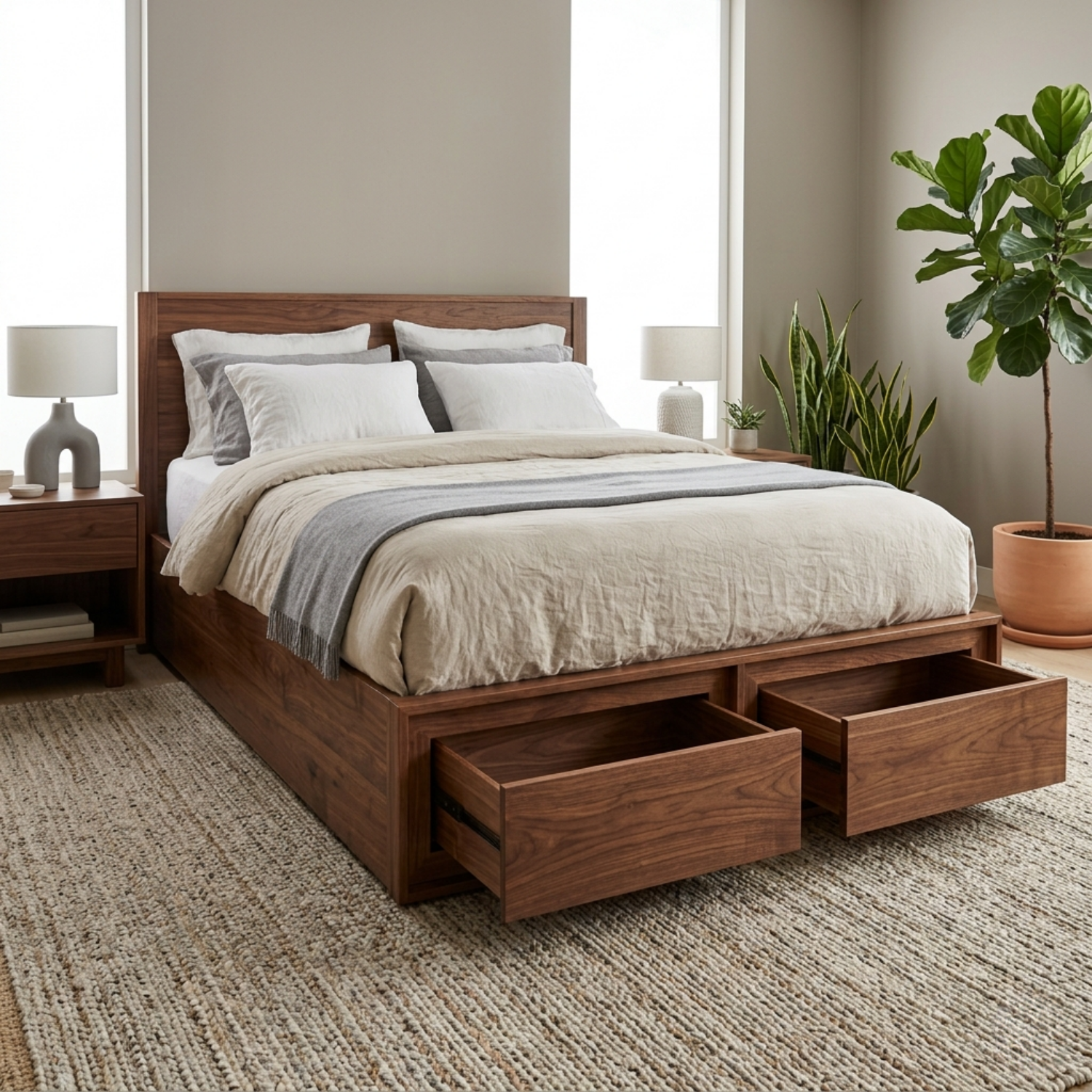 Solid Wood Storage Platform Bed Frame with Built-In Footboard Drawers
