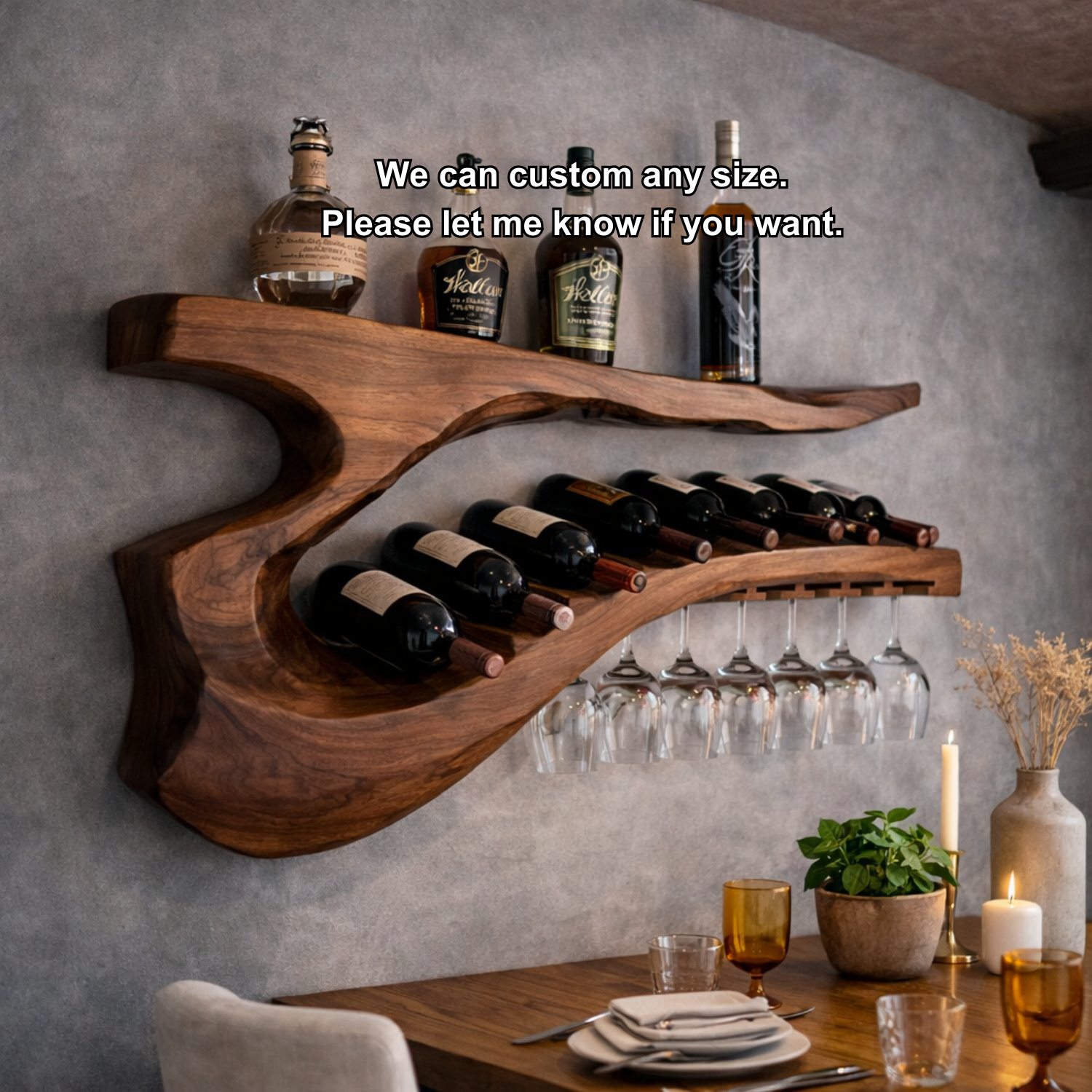 Solid Wood Sculptural Wall Wine Rack with Curved Bottle Shelf and Hanging Glass Holder