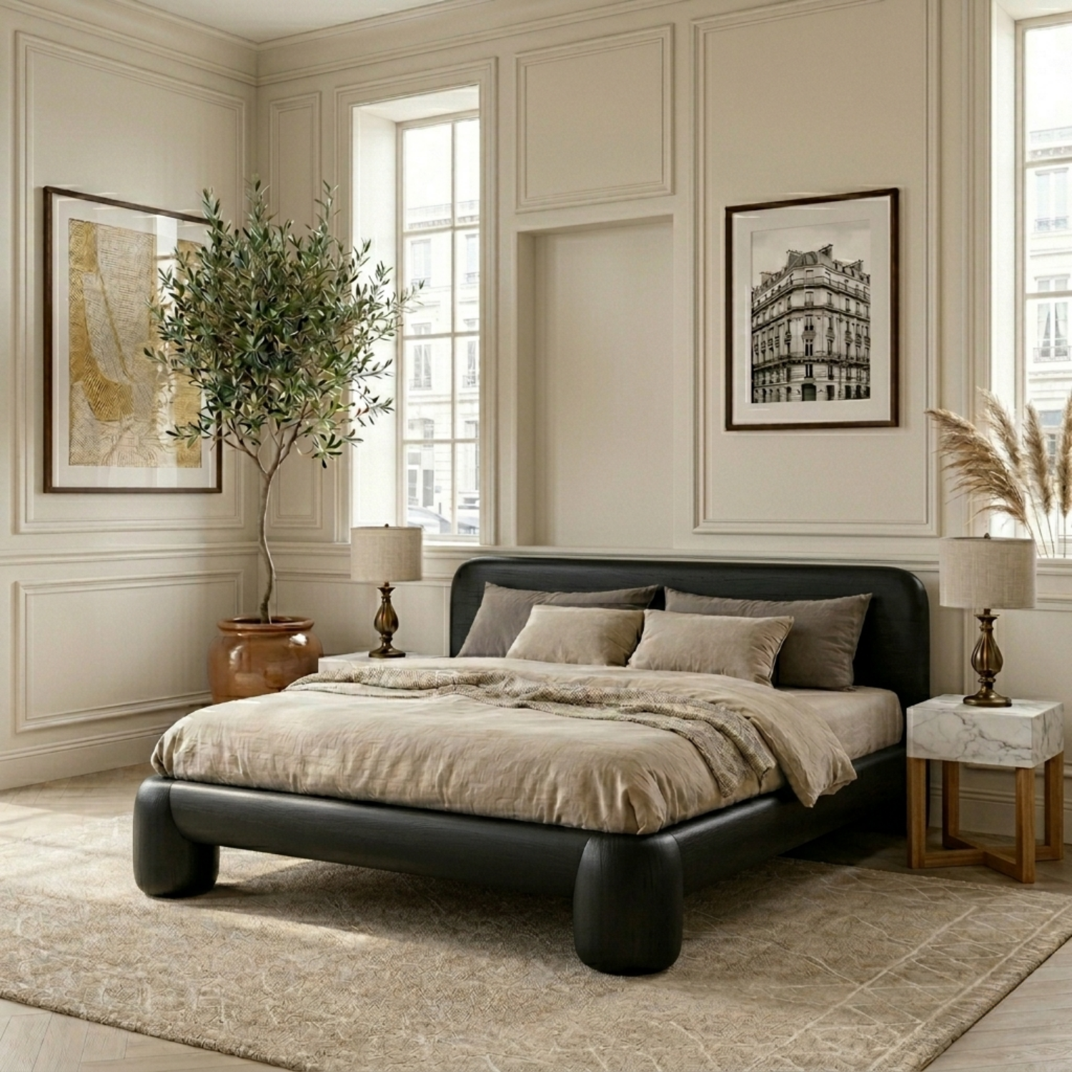 Solid Wood Platform Bed Frame with Rounded Corners and Sculpted Legs