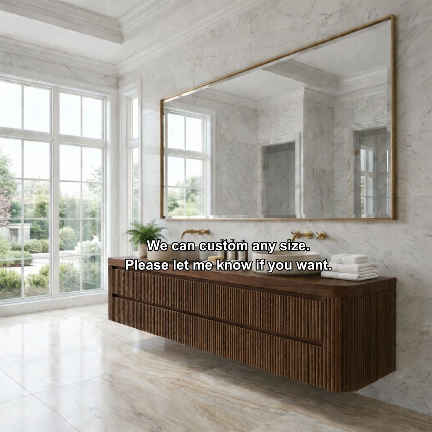 Floating Double Sink Bathroom Vanity with Fluted Front Drawers – Modern Solid Wood