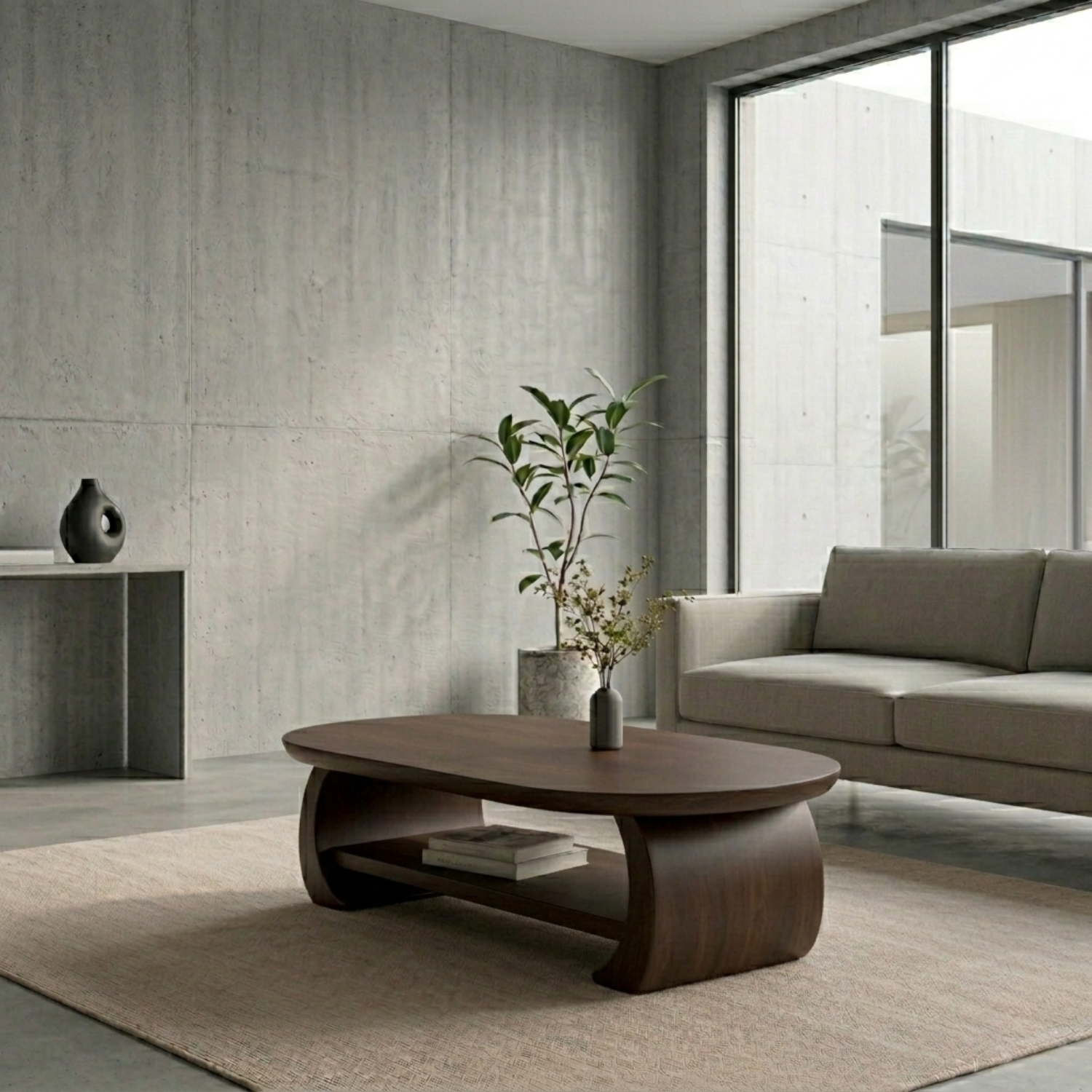 Solid Wood Oval Coffee Table with Shelf – Modern Minimalist Living Room Table