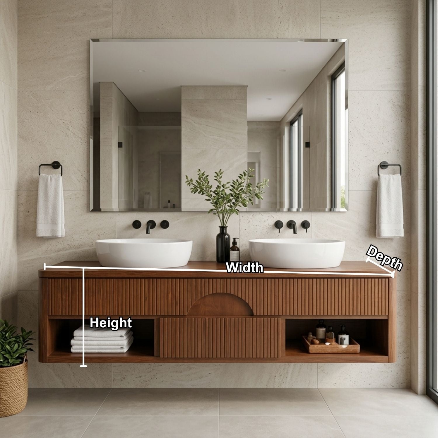 Floating Bathroom Vanity with Fluted Wood Front and Center Arch Drawer Design