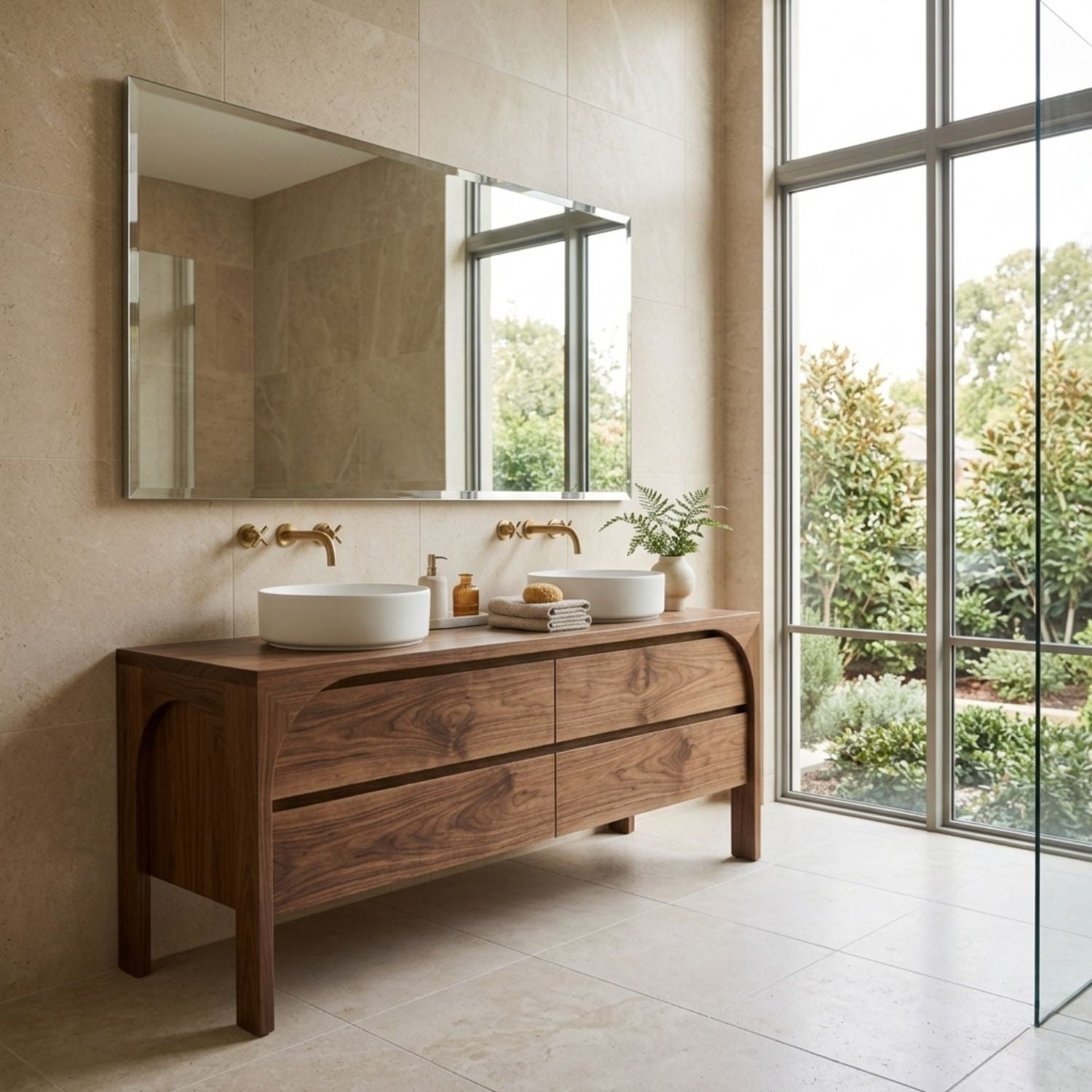 Solid Wood Modern Double Sink Bathroom Vanity with Curved Edge Frame & 4 Drawers