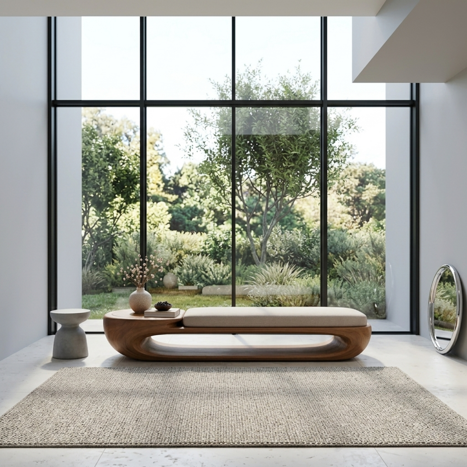 Organic Curved Solid Wood Entryway Bench with Sculptural Open Base Design
