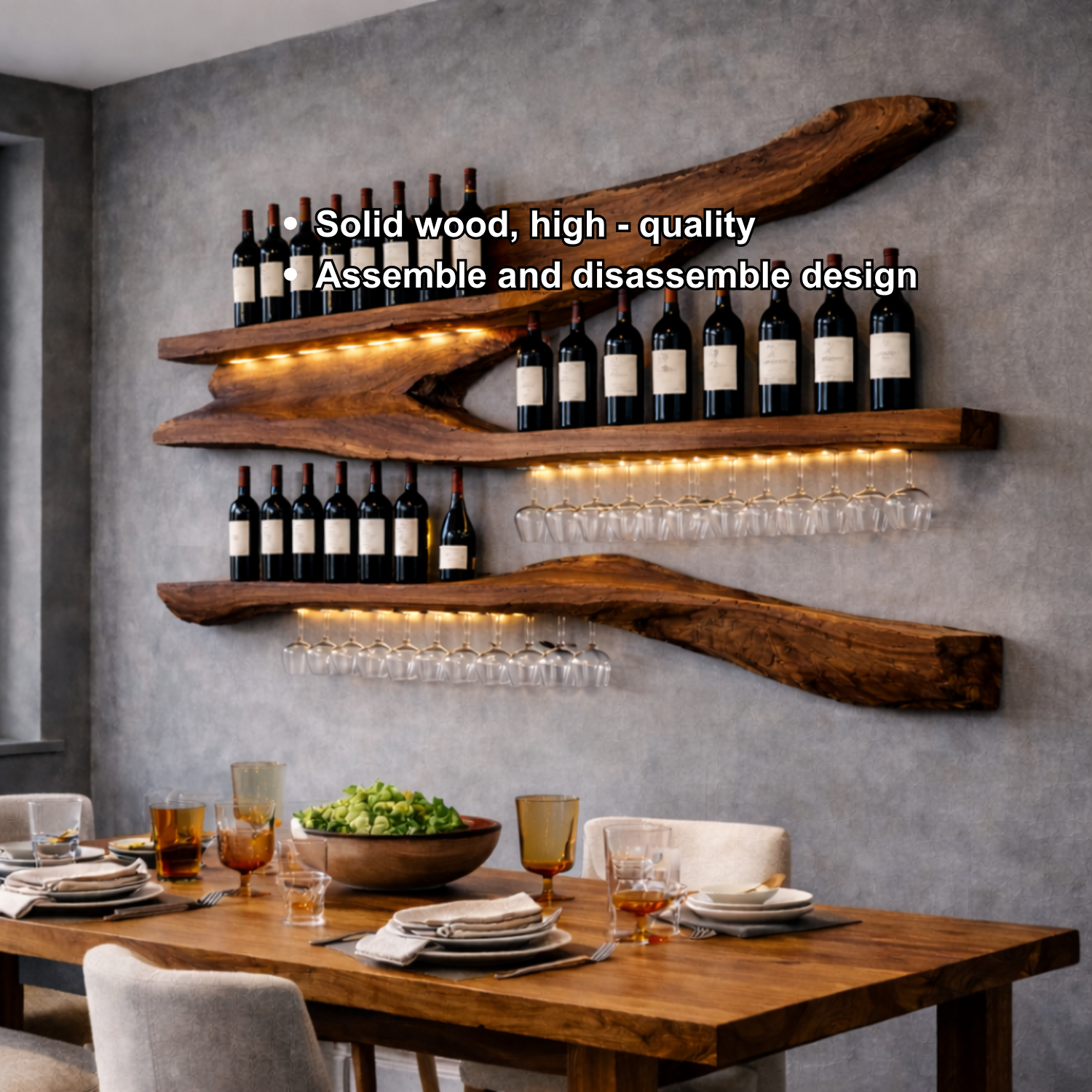 Solid Wood Live Edge Wall Wine Rack with Floating Shelves and Hanging Glass Holder