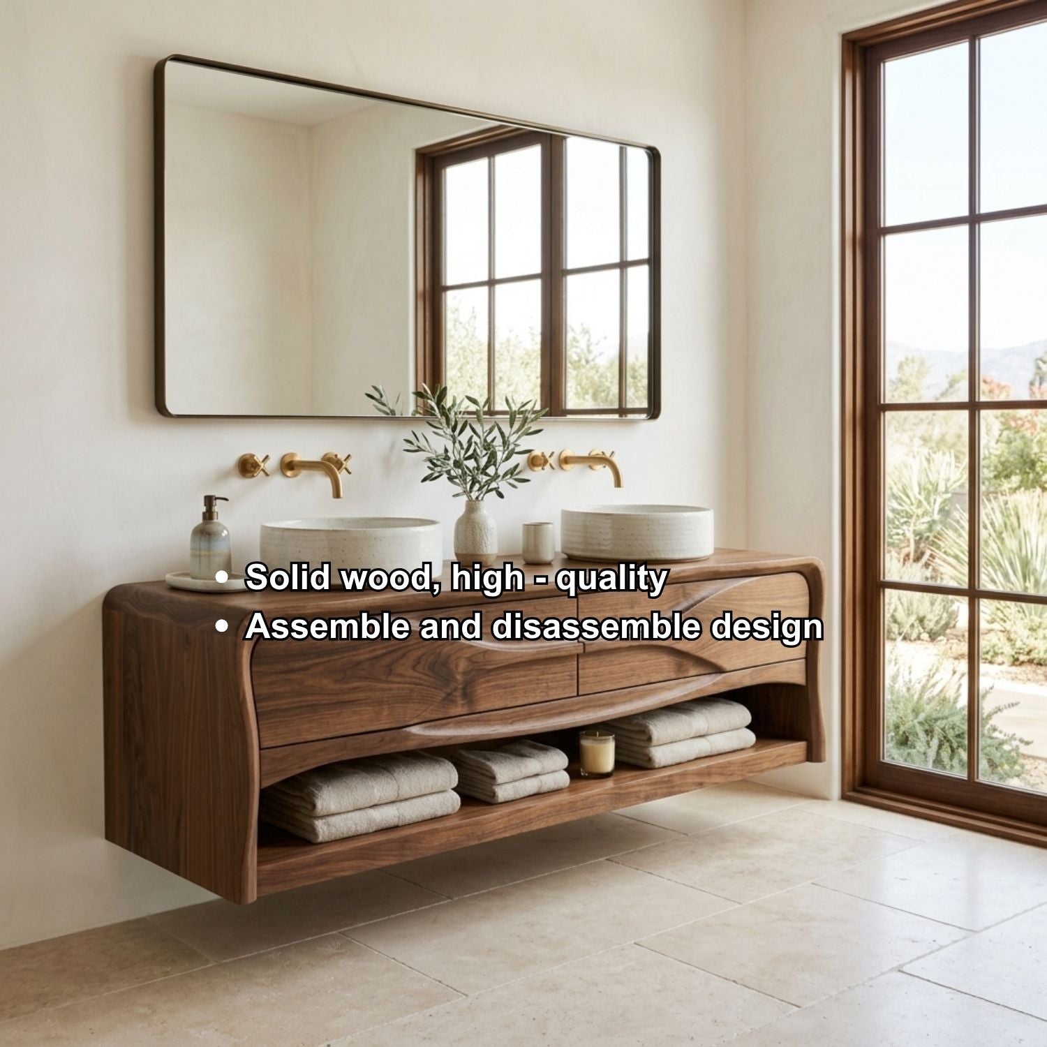 Handcrafted Wave Design Floating Vanity - Solid Wood Sculptural Mid-Century Bathroom Cabinet