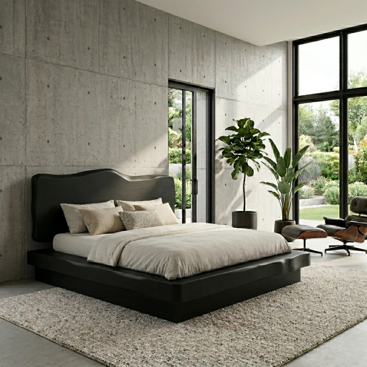 Live Edge Solid Wood Platform Bed Frame with Sculpted Natural Headboard