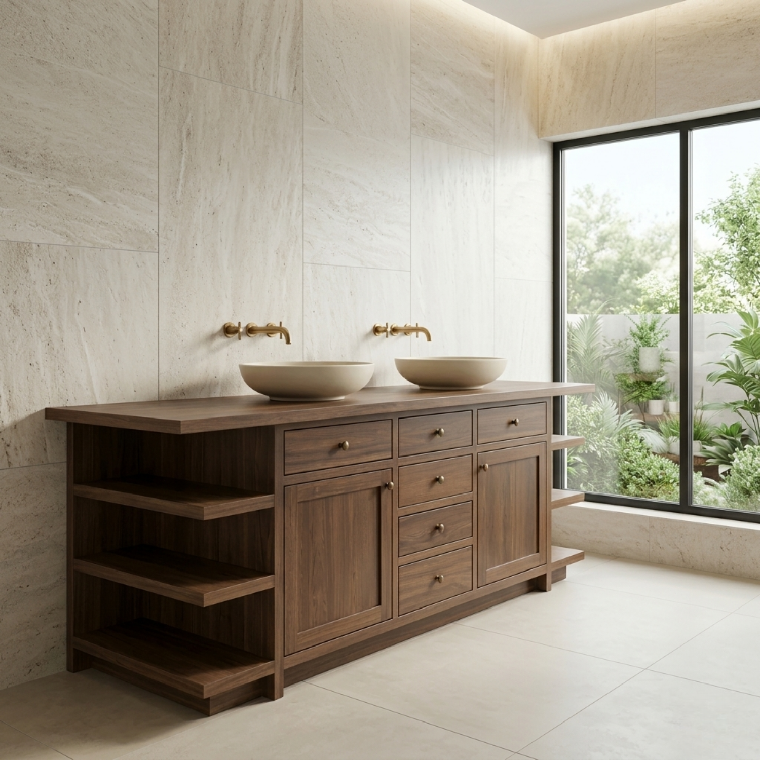 Double Solid Wood Bathroom Vanity - Handcrafted Farmhouse Cabinet with Side Shelves