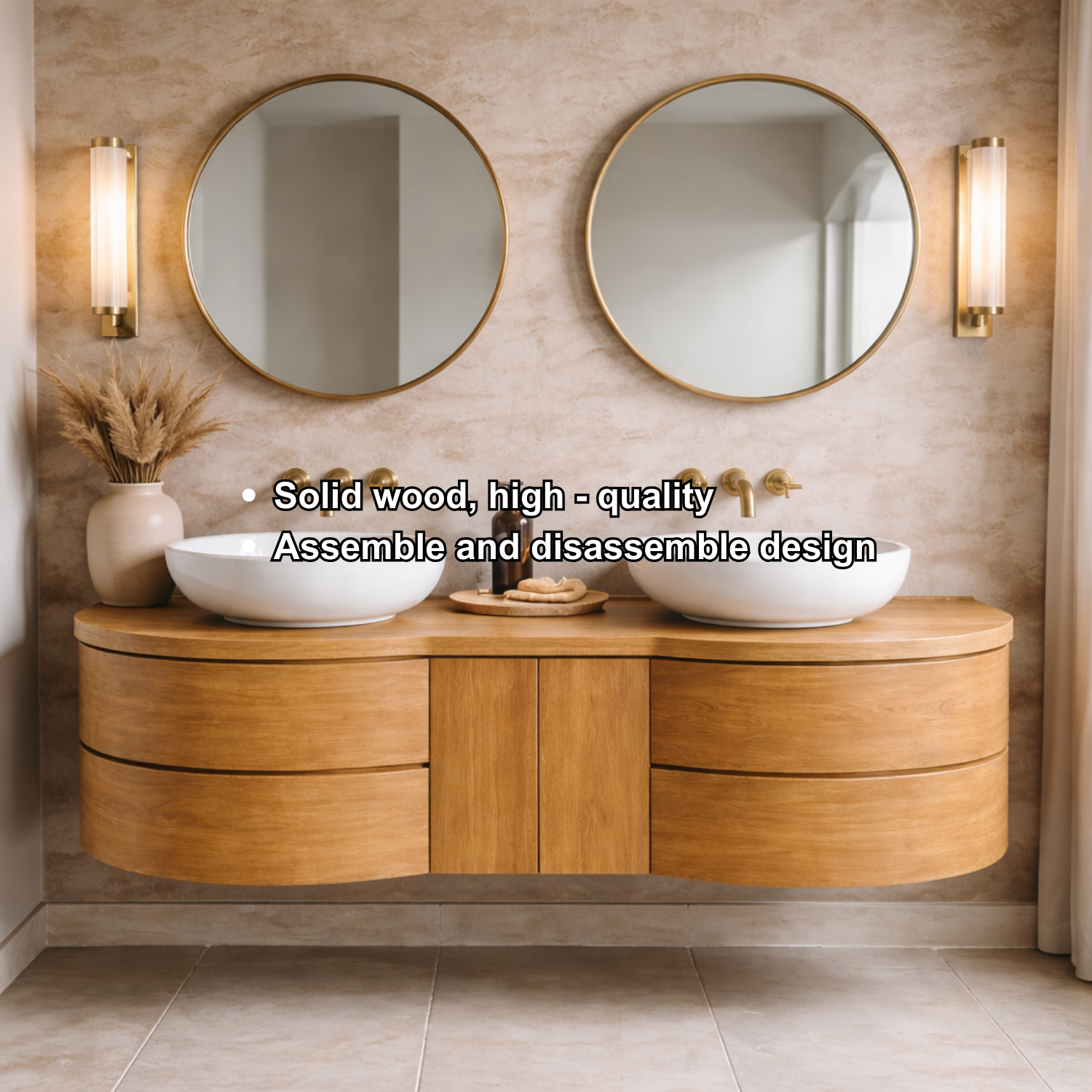 Floating Bathroom Vanity with Curved Ends Double Drawers and Center Cabinet Storage