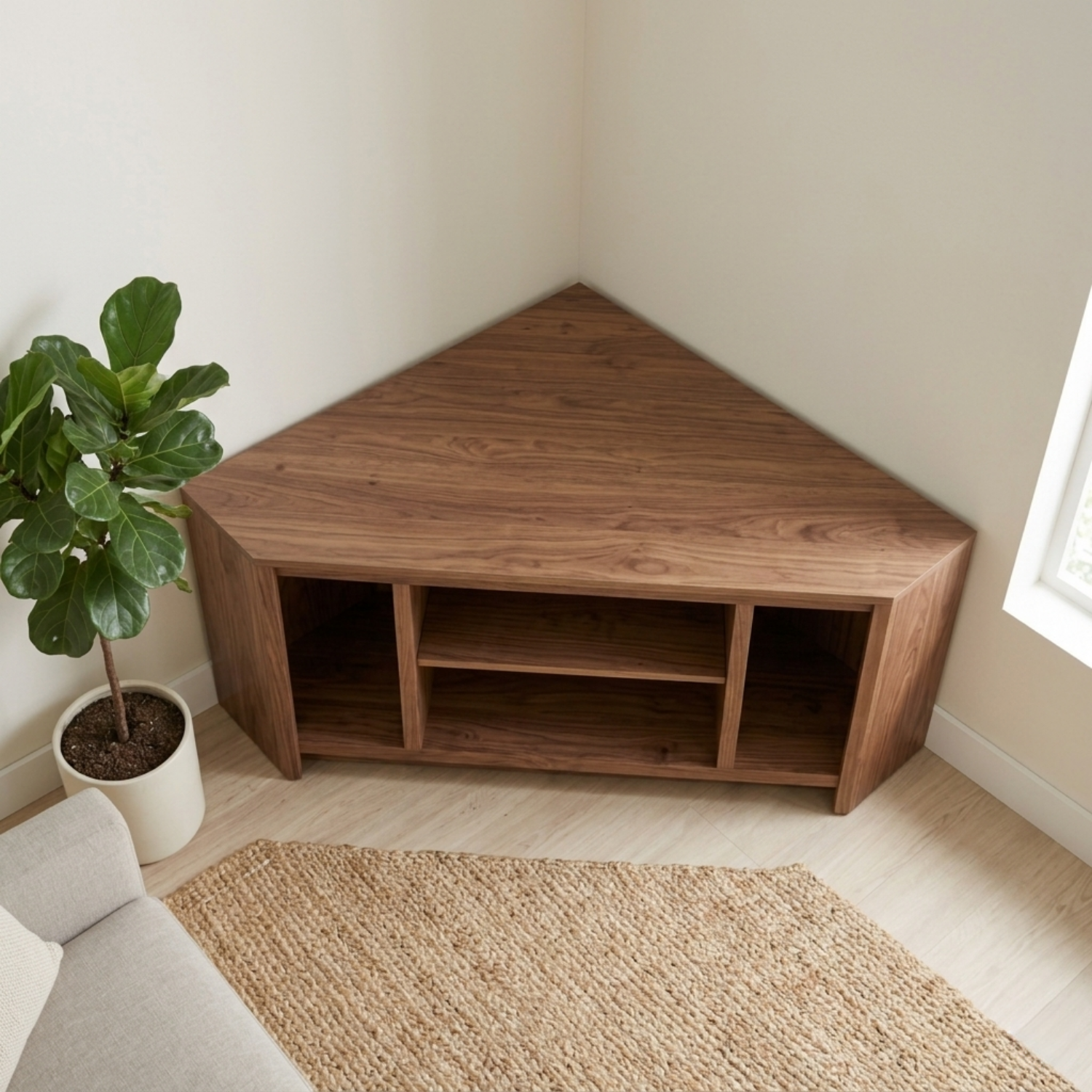 Solid Wood Corner TV Stand with Open Compartments – Modern Corner Media Console