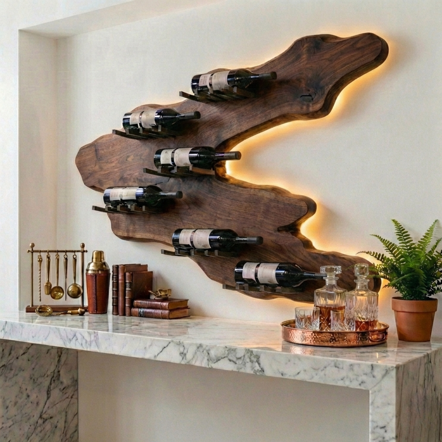 Handcrafted Solid Wood Wall Wine Holder – Live Edge Backlit Sculptural Wine Rack