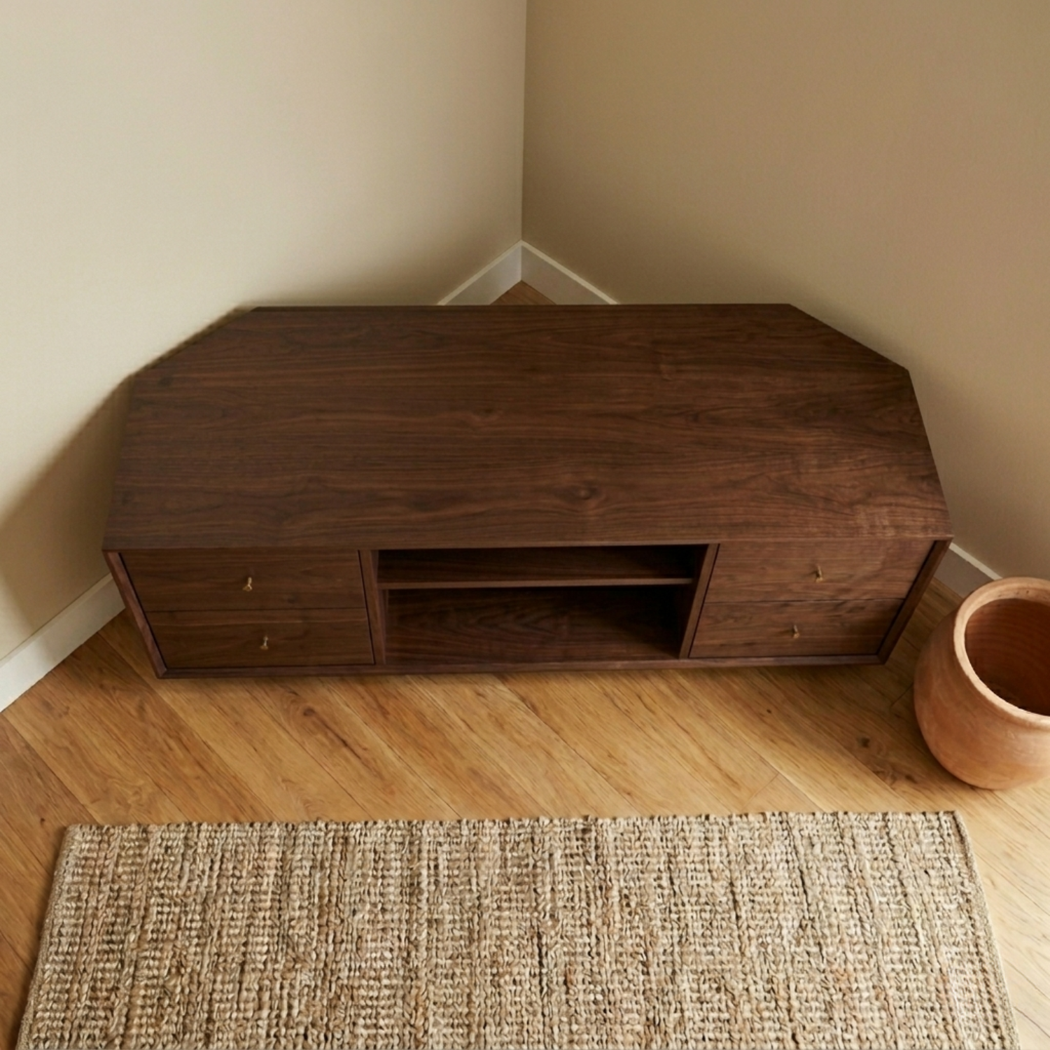Solid Wood Corner TV Stand with Drawers and Open Media Shelf – Corner Media Console
