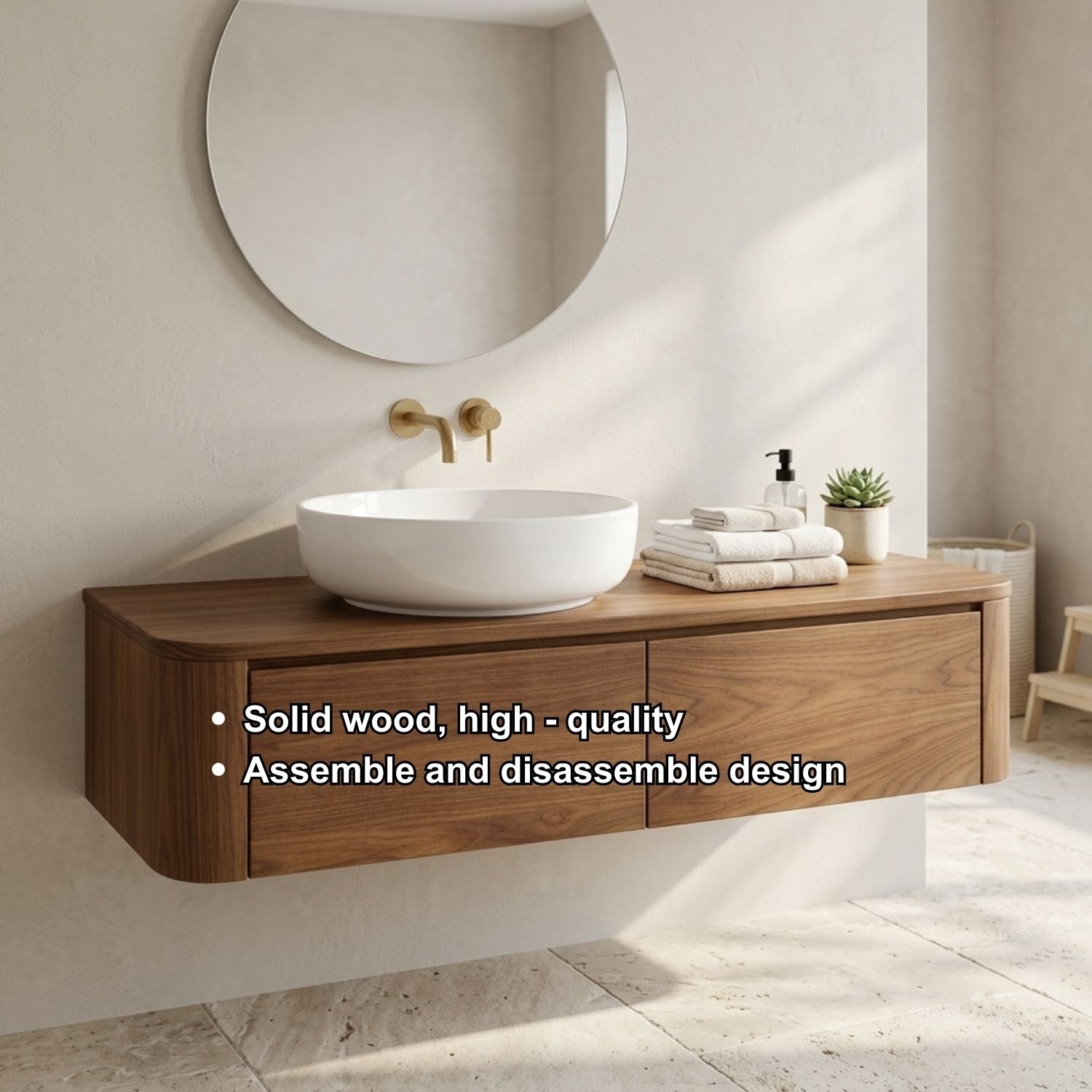 Floating Bathroom Vanity with Rounded Corners and Two Drawer Storage Cabinet