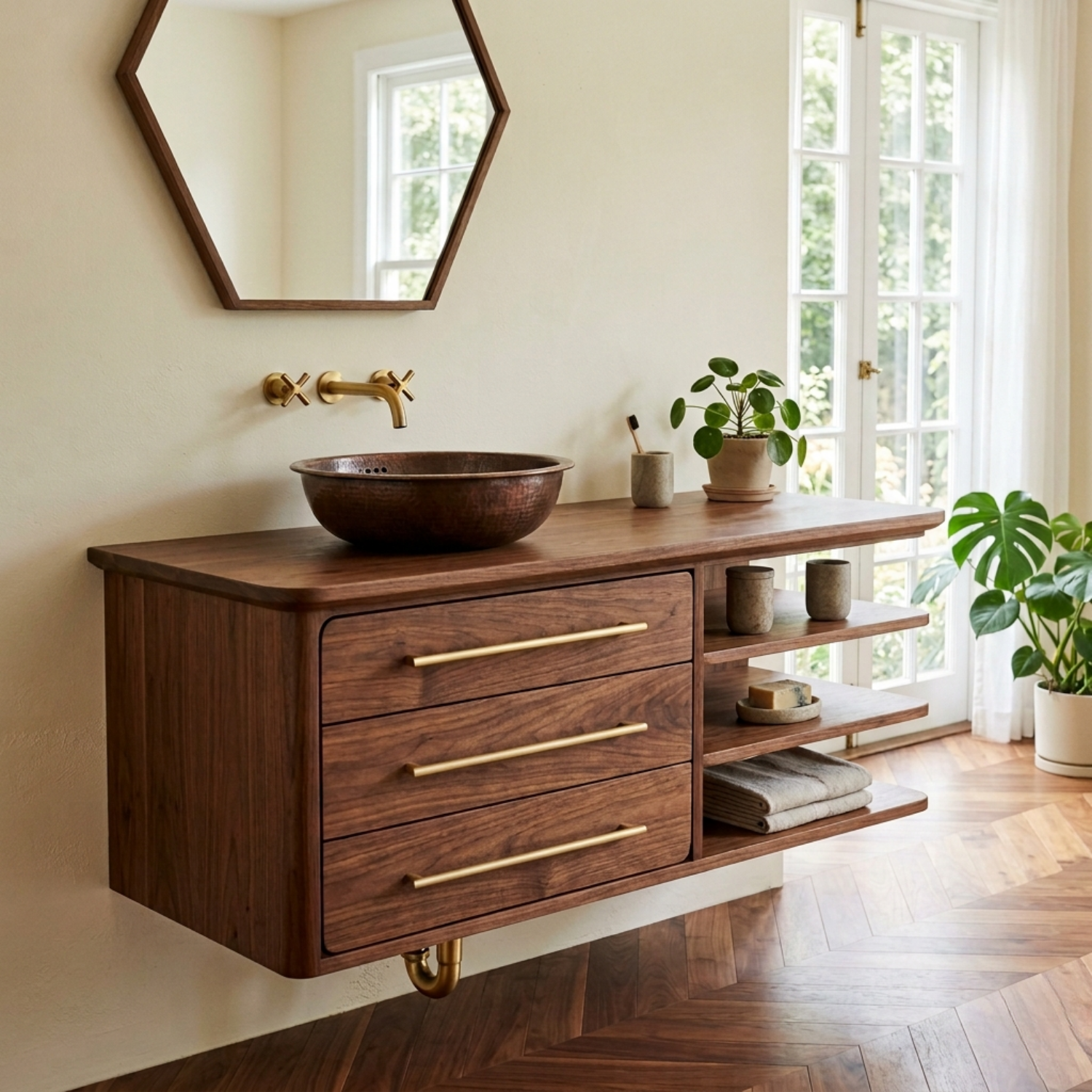Floating Solid Wood Bathroom Vanity with Three Drawers and Side Open Shelving