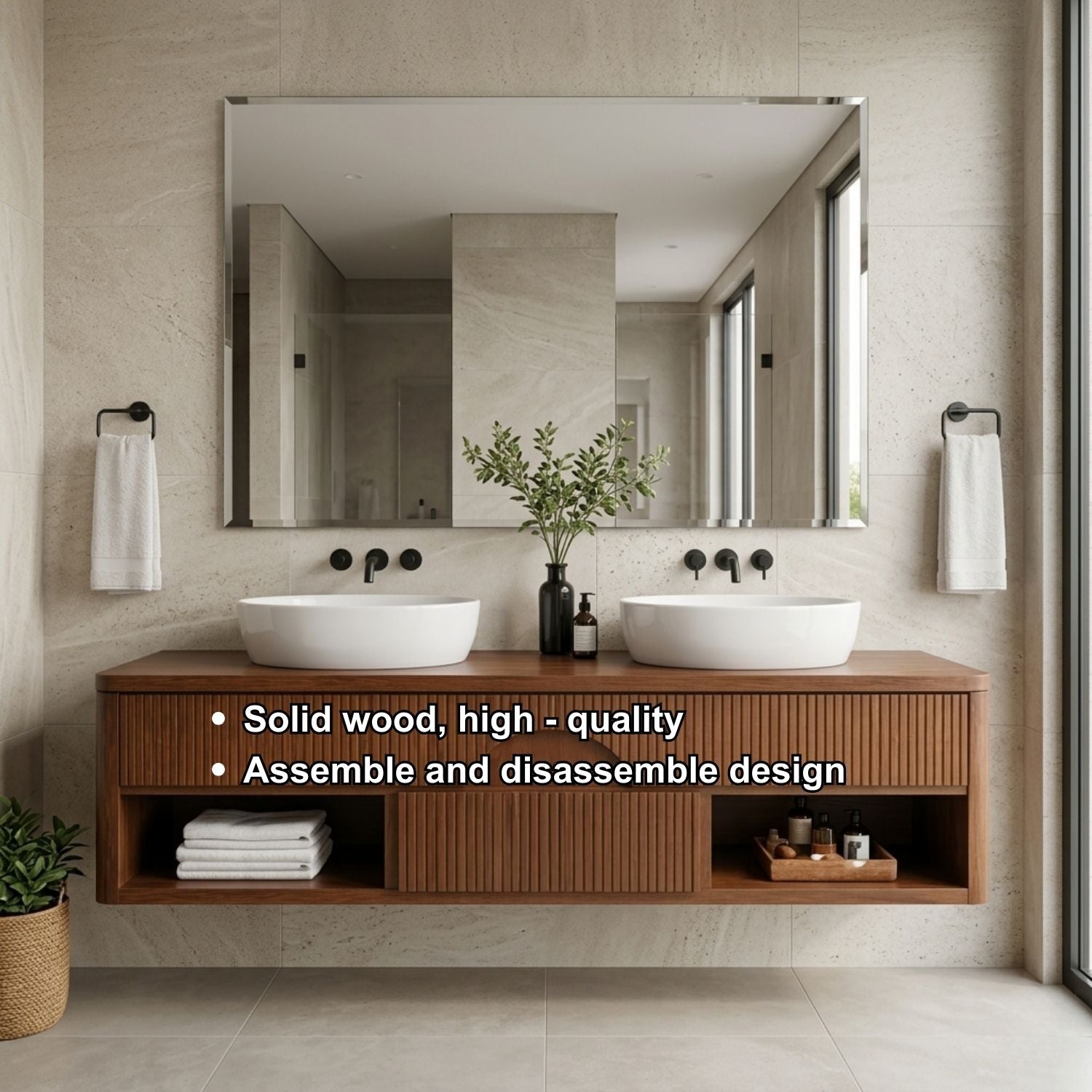 Floating Bathroom Vanity with Fluted Wood Front and Center Arch Drawer Design