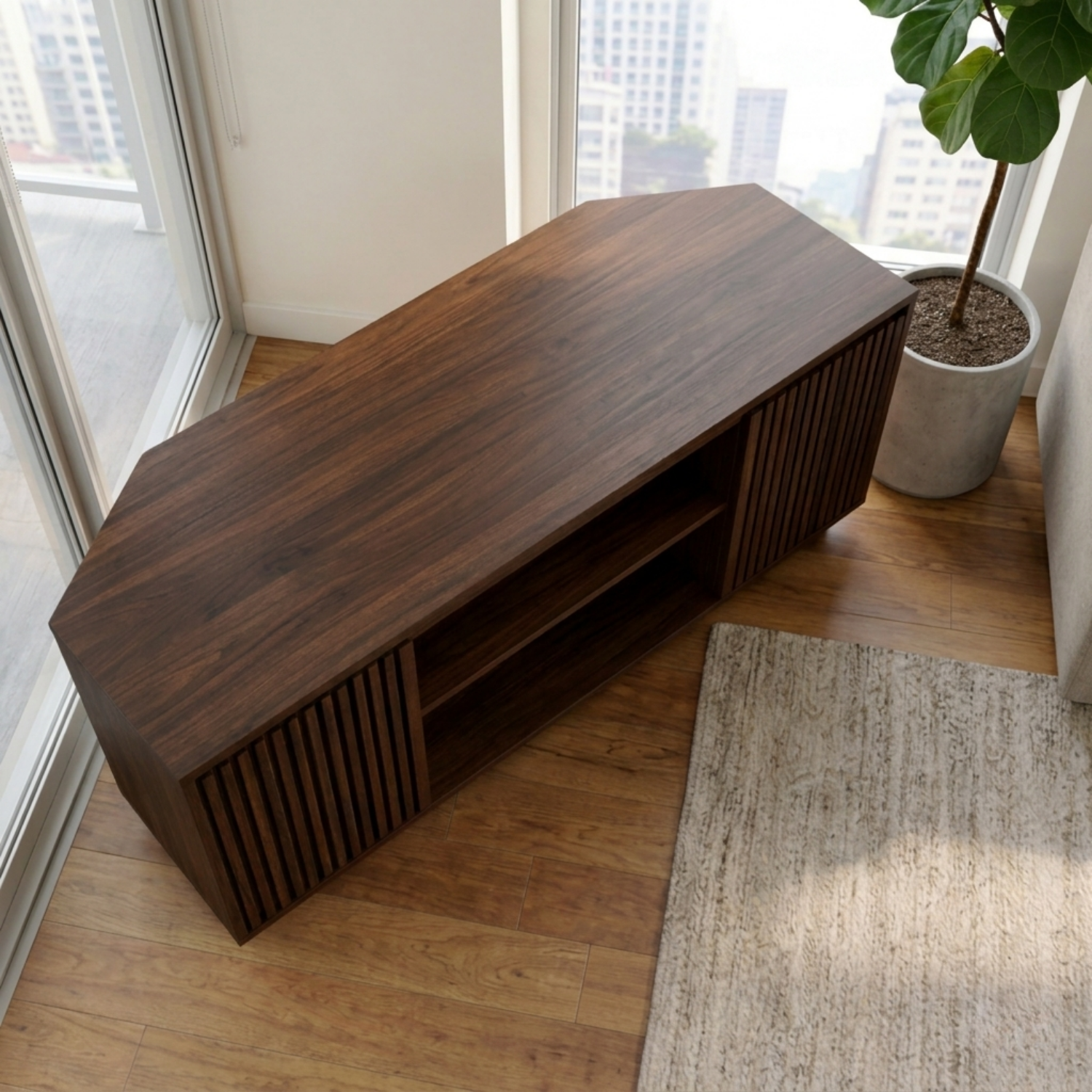 Solid Wood Corner TV Stand with Slatted Doors and Open Media Shelf
