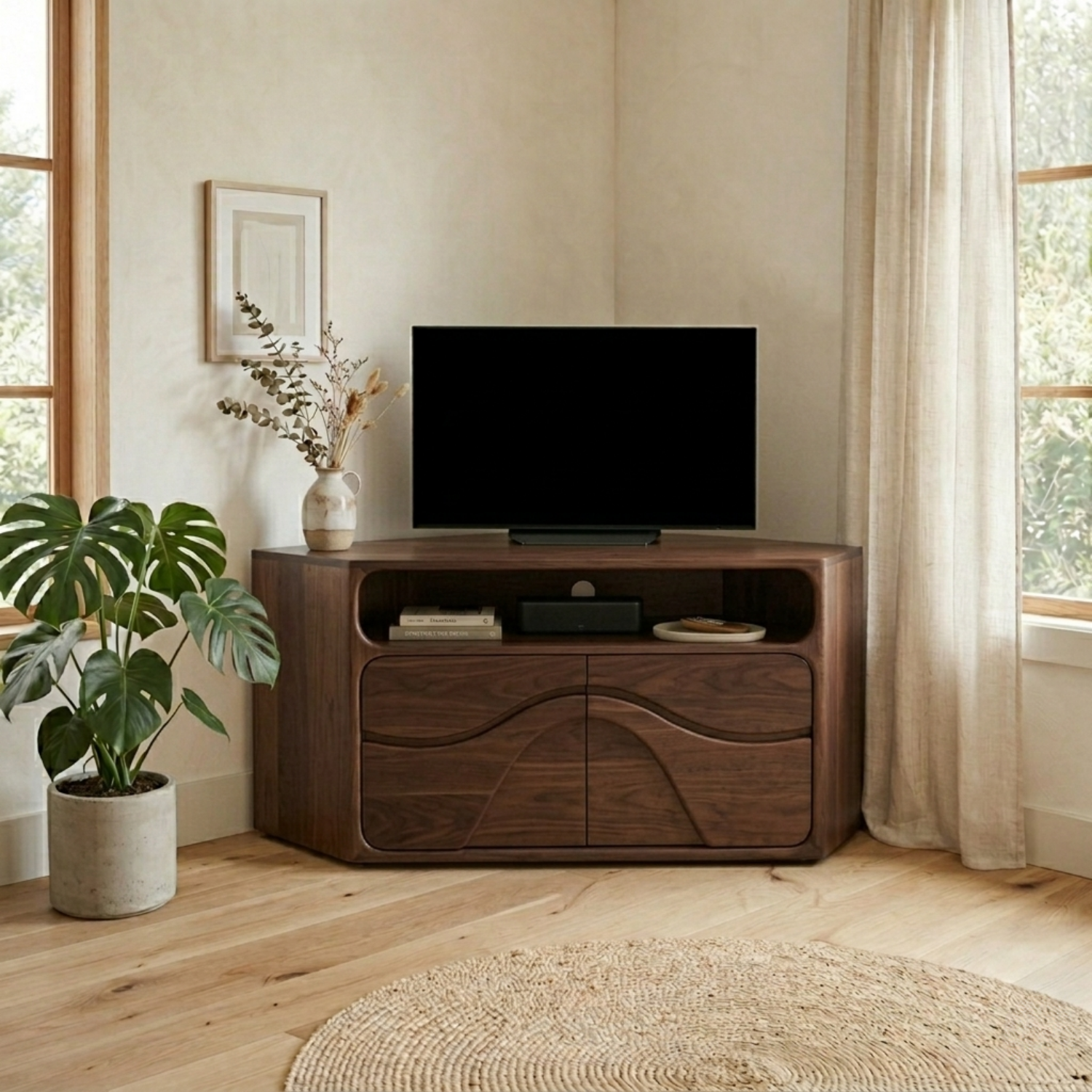 Solid Wood Corner TV Stand with Curved Cabinet Doors and Open Shelf Media Storage