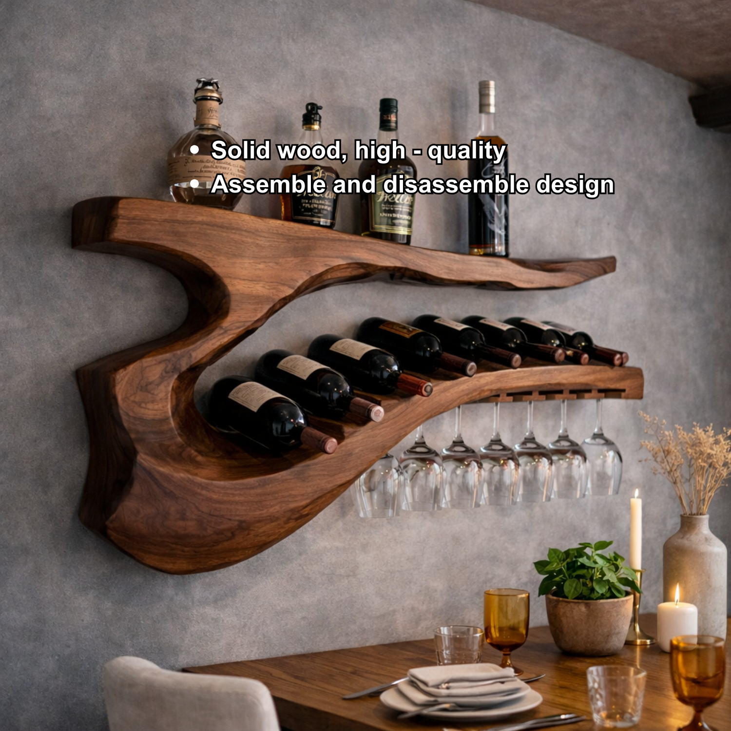Solid Wood Sculptural Wall Wine Rack with Curved Bottle Shelf and Hanging Glass Holder