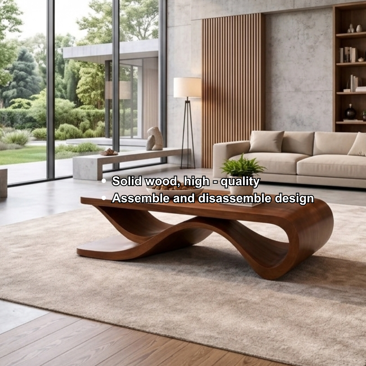 Solid Wood Coffee Table with Wave Sculptural Base – Modern Designer Living Room Table