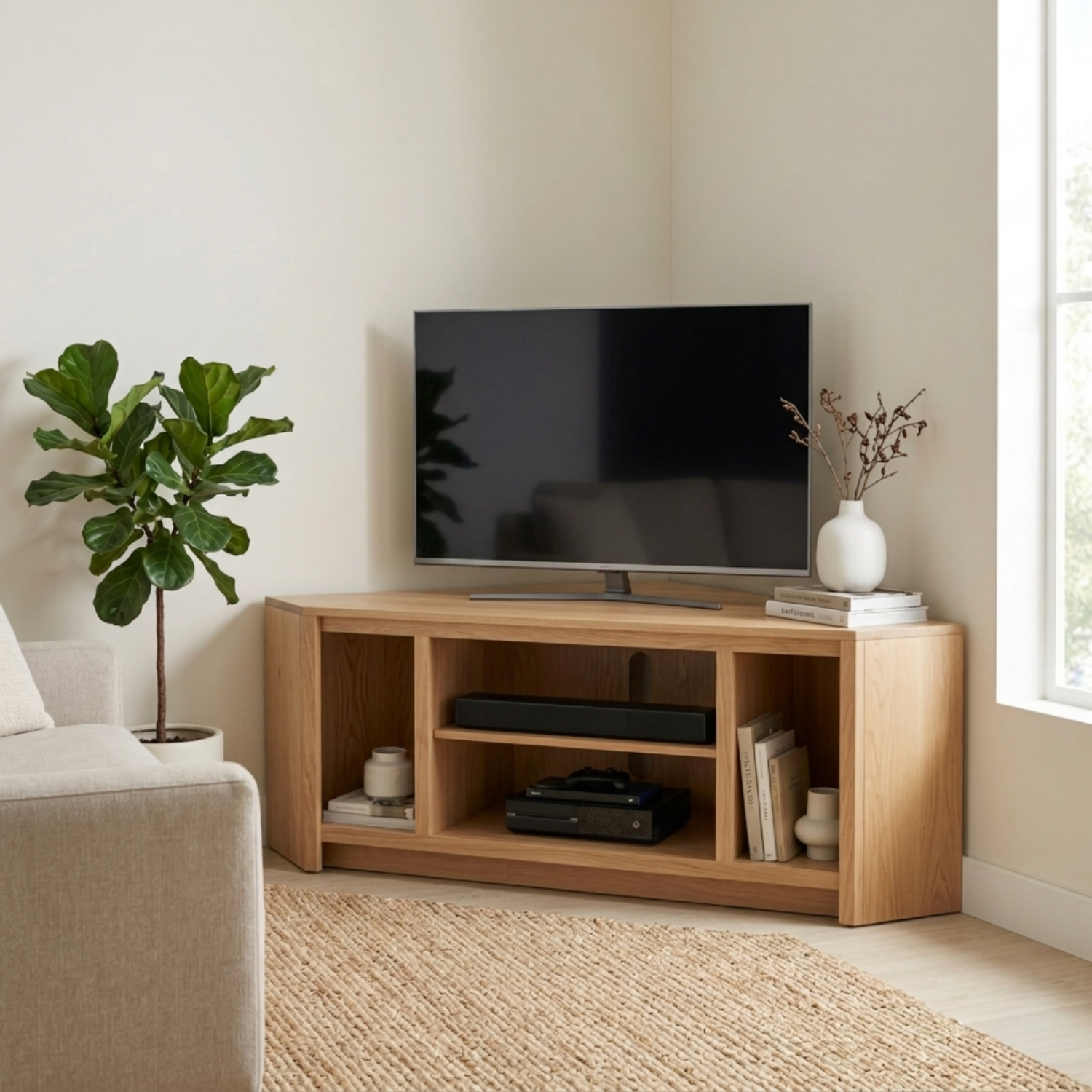 Solid Wood Corner TV Stand with Open Compartments – Modern Corner Media Console