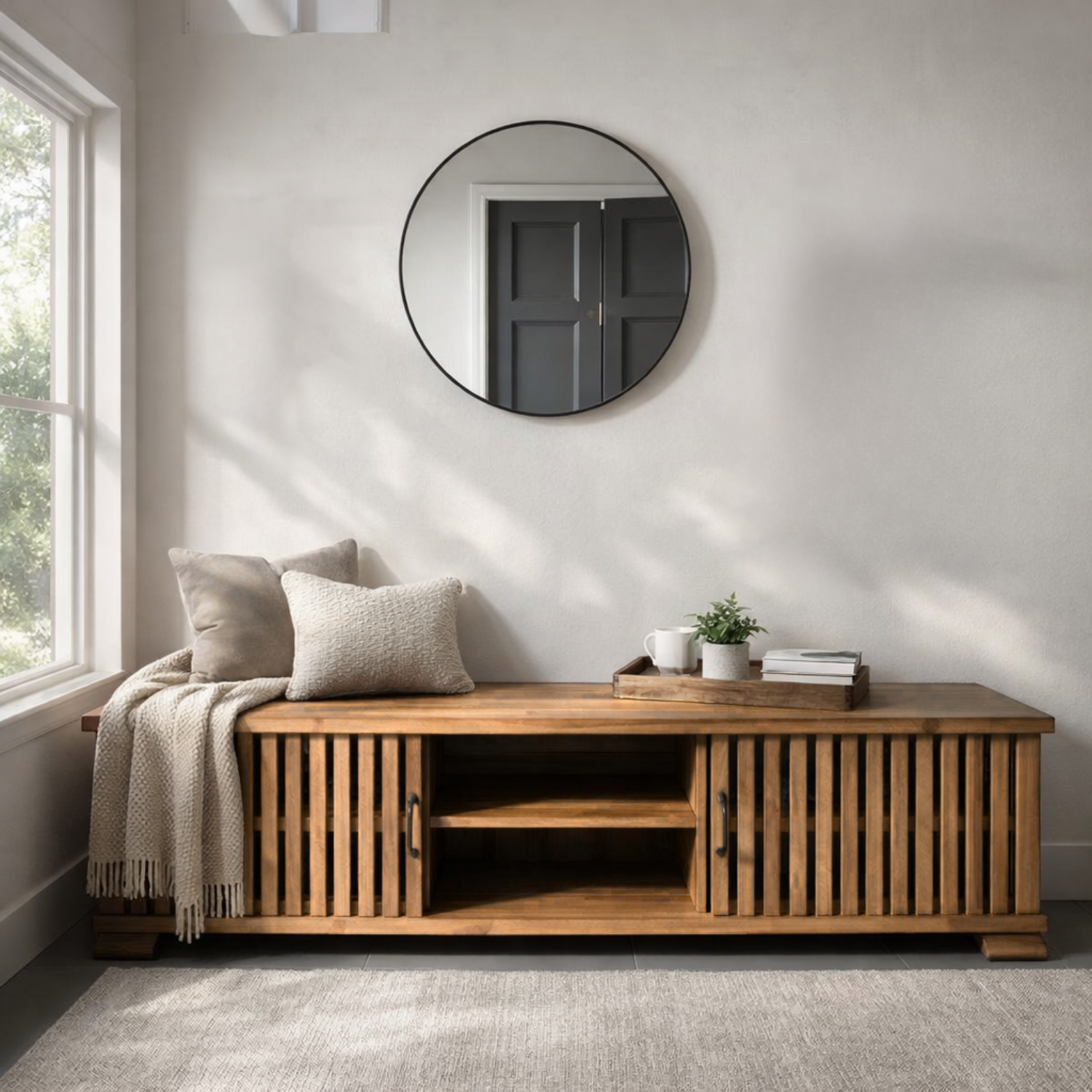 Solid Wood Storage Bench Slatted Doors Low Profile Entryway Bench with Shelf