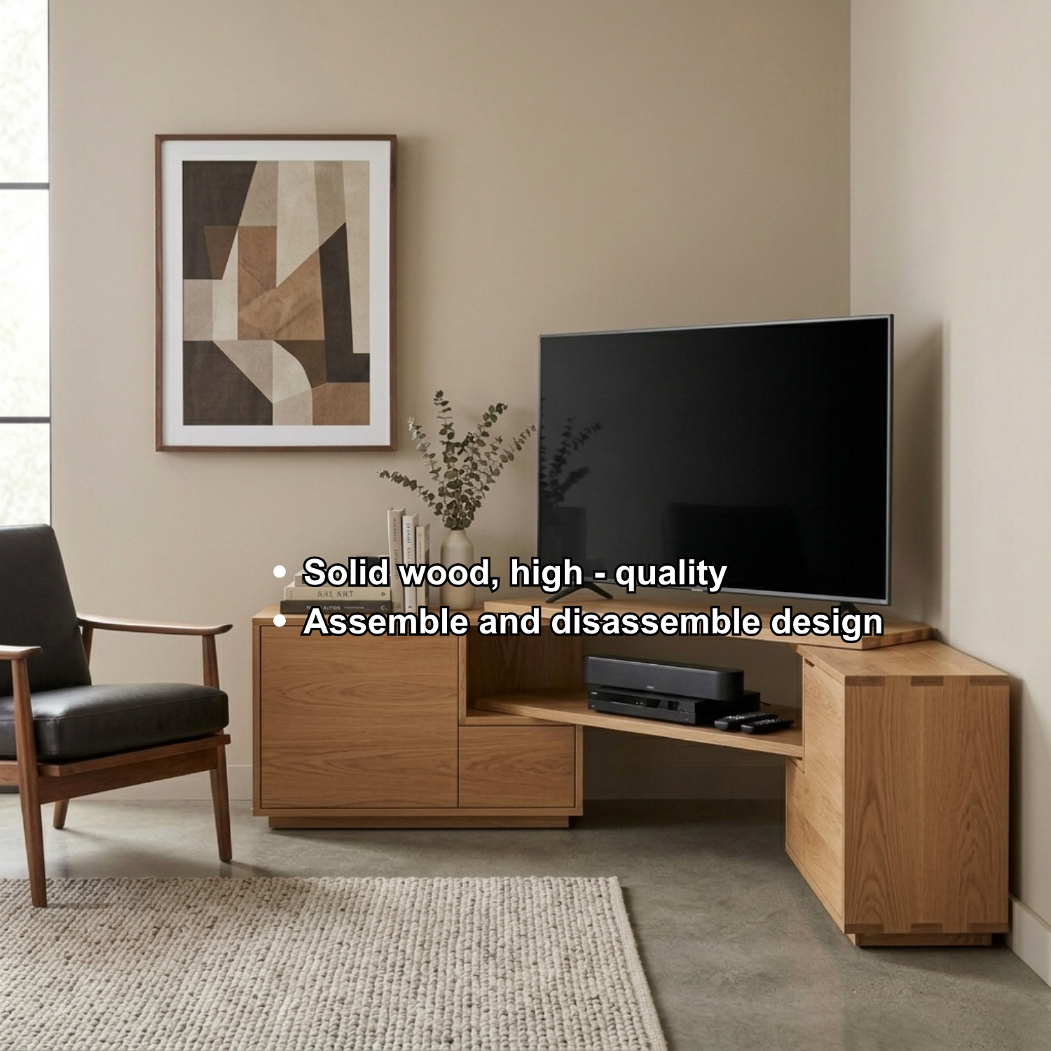 Solid Wood Corner TV Stand with Cabinet Storage and Extended Corner Media Shelf