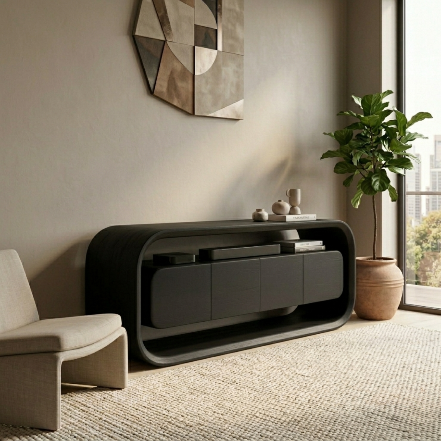 Solid Wood TV Stand with Sculpted Rounded Frame and Floating Cabinet Storage