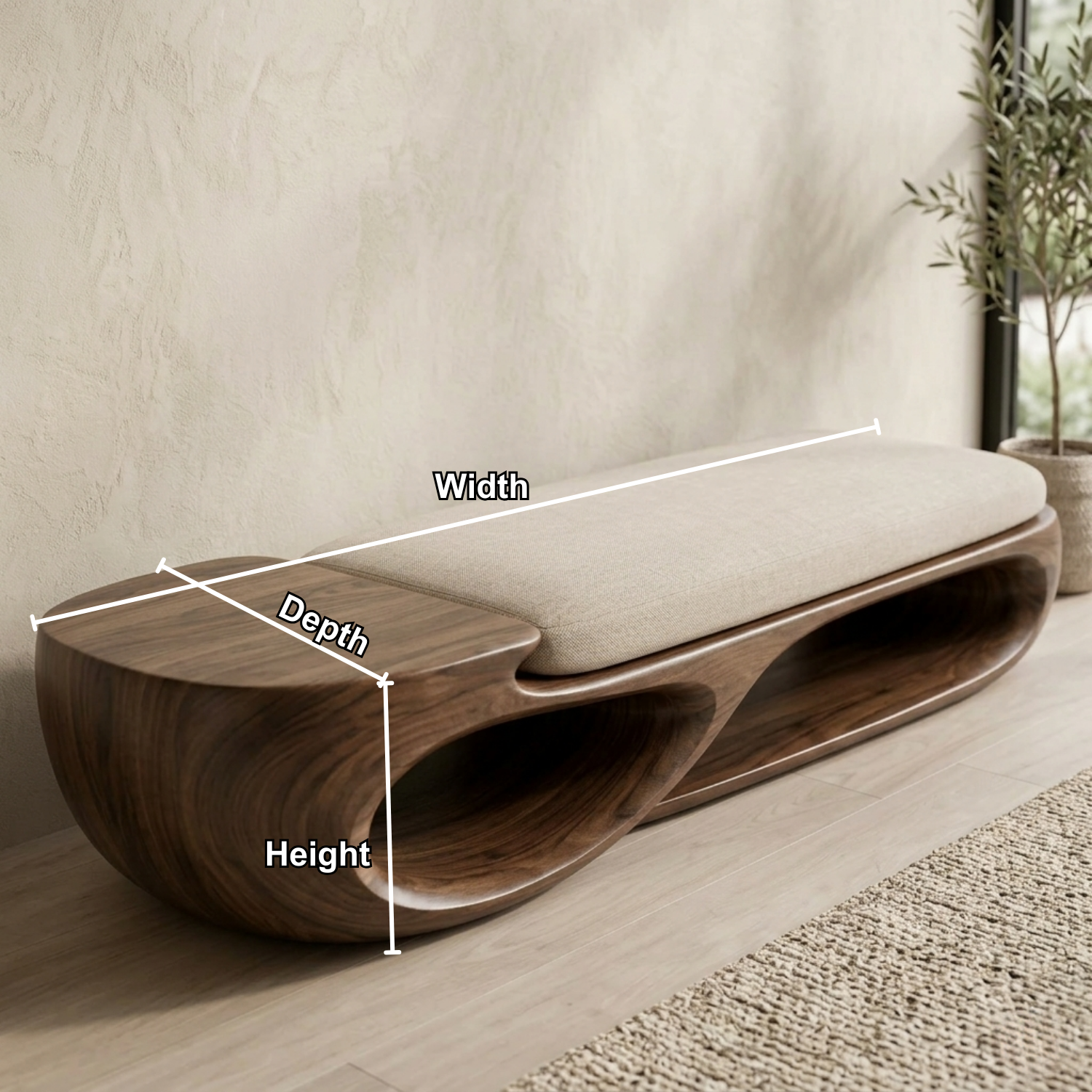 Double Curve Solid Wood Entryway Bench – Sculptural Modern Organic Design