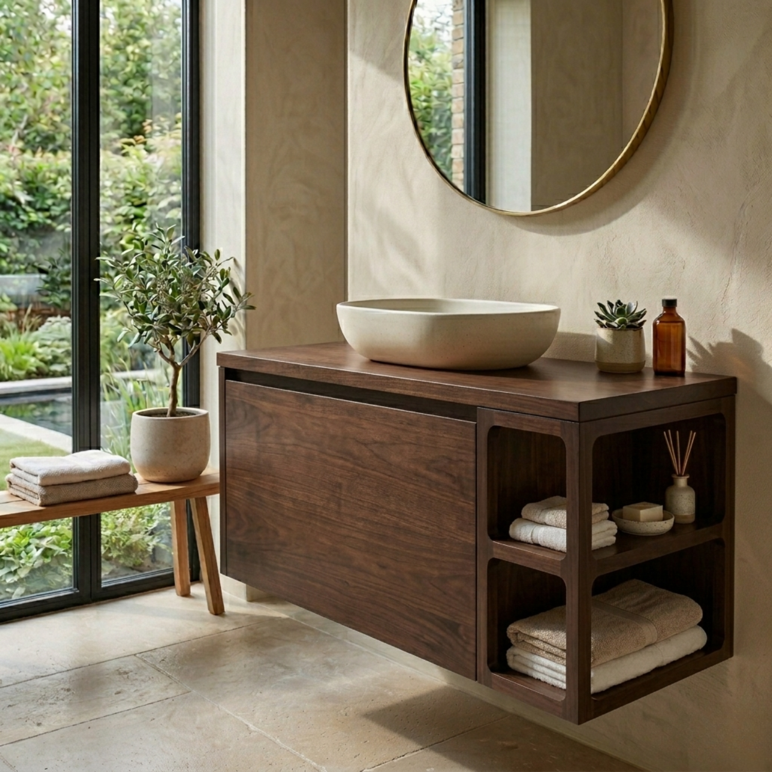 Floating Solid Wood Bathroom Vanity with Cabinet Storage and Sculpted Side Shelves