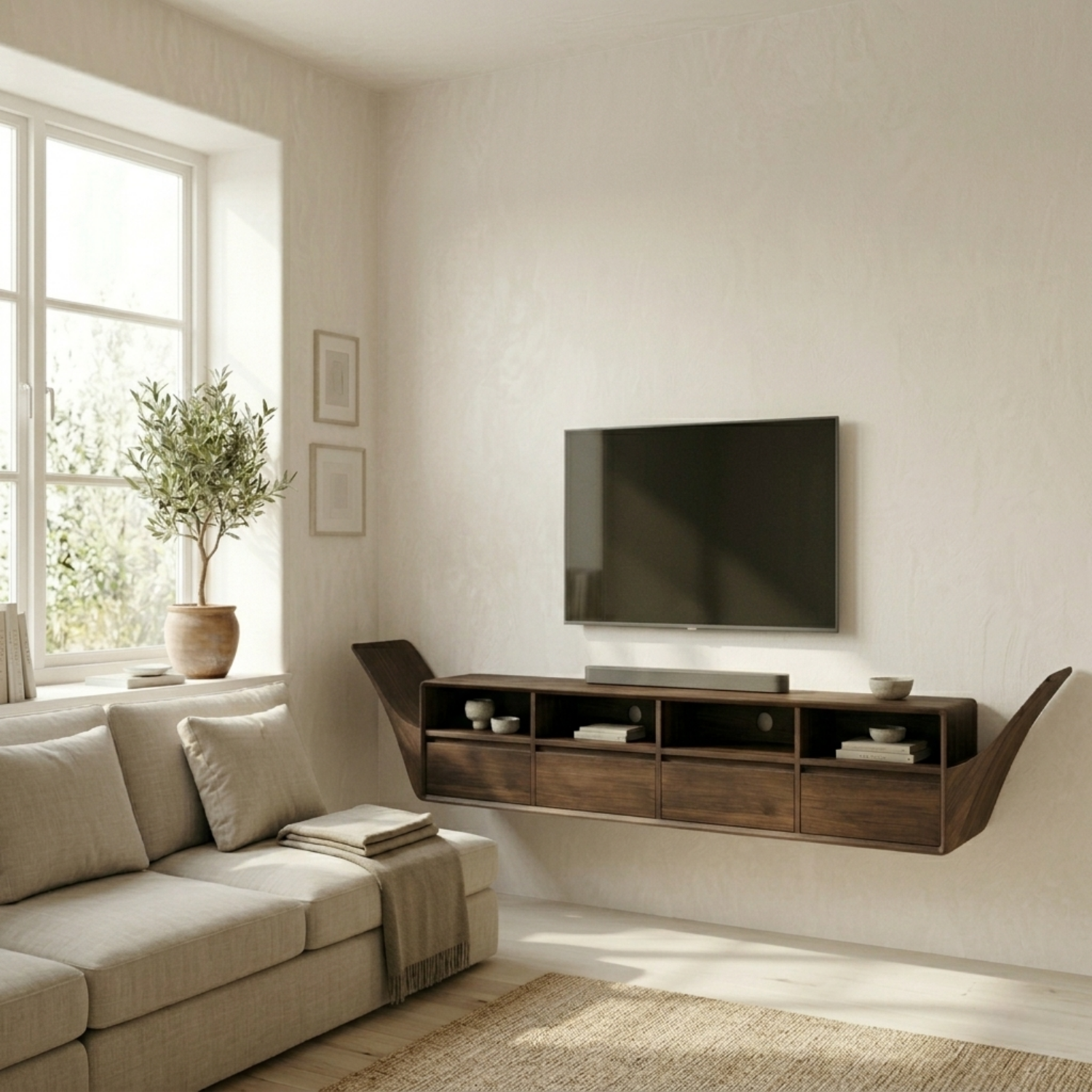 Floating Solid Wood TV Stand with Open Shelves and Drawers – Wall Mounted Media Console